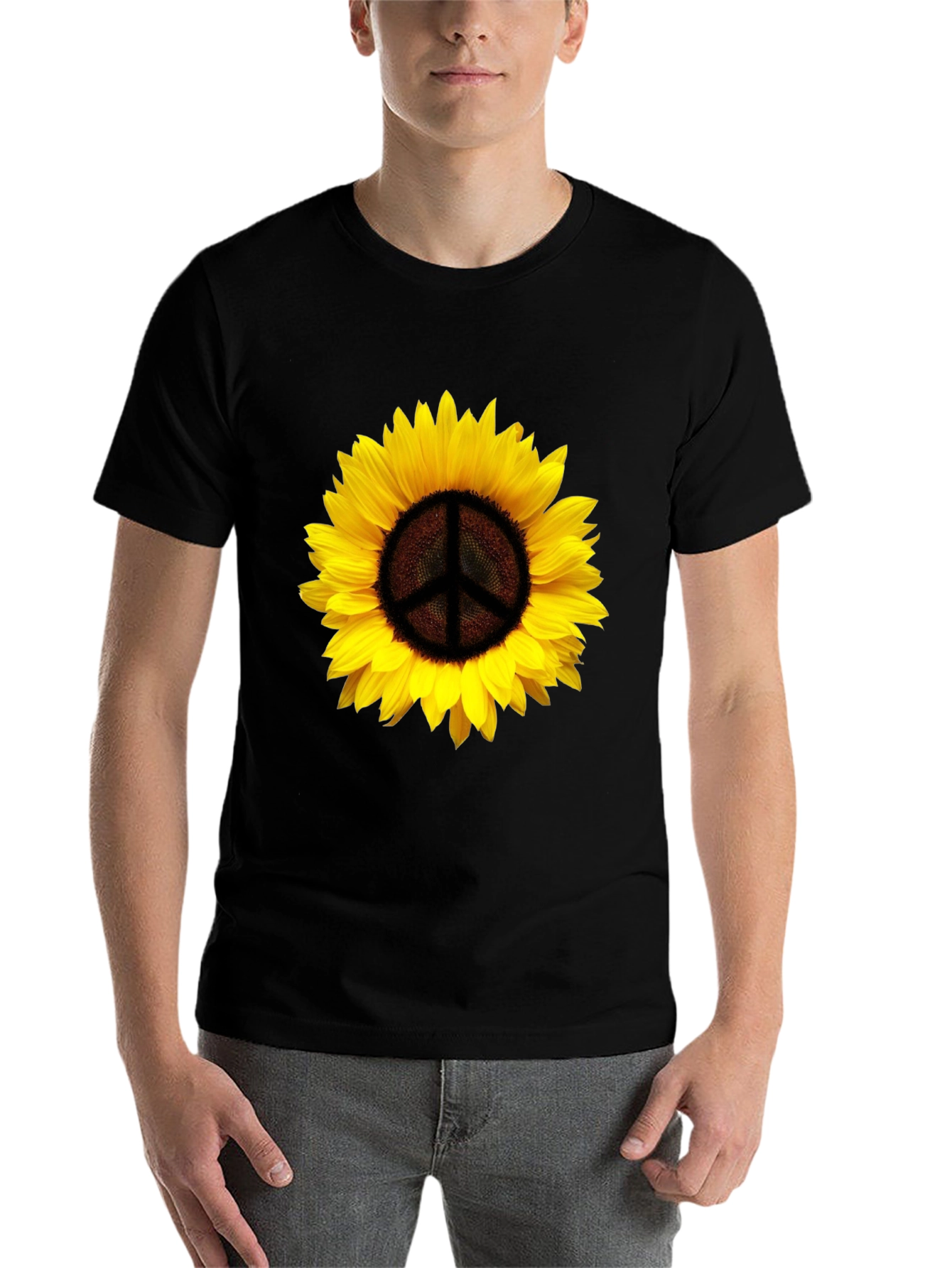 Black Sunflower Peace Sign Graphic T-Shirt - Black view 7