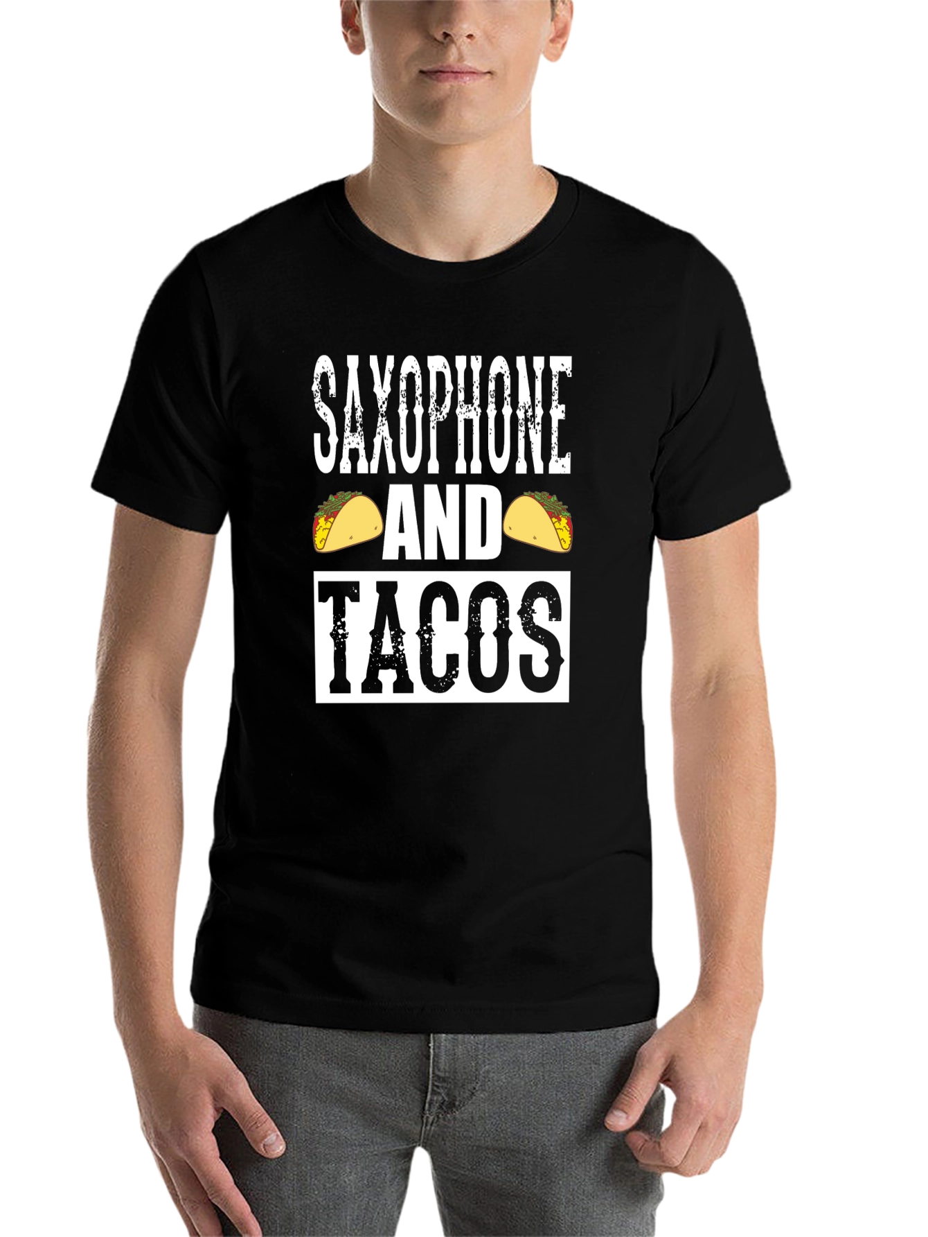 Black Saxophone and Tacos Graphic Tee - Novelty Black T-Shirt view 7