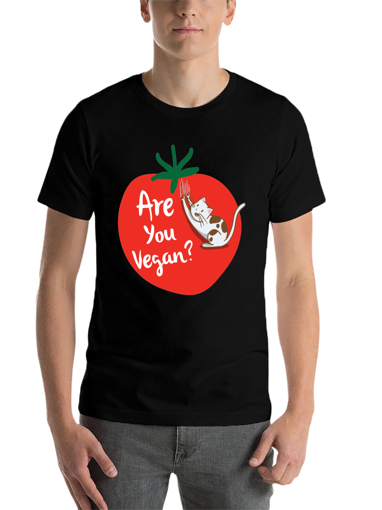 Black Funny Vegan T-Shirt - Cat and Tomato Design view 7