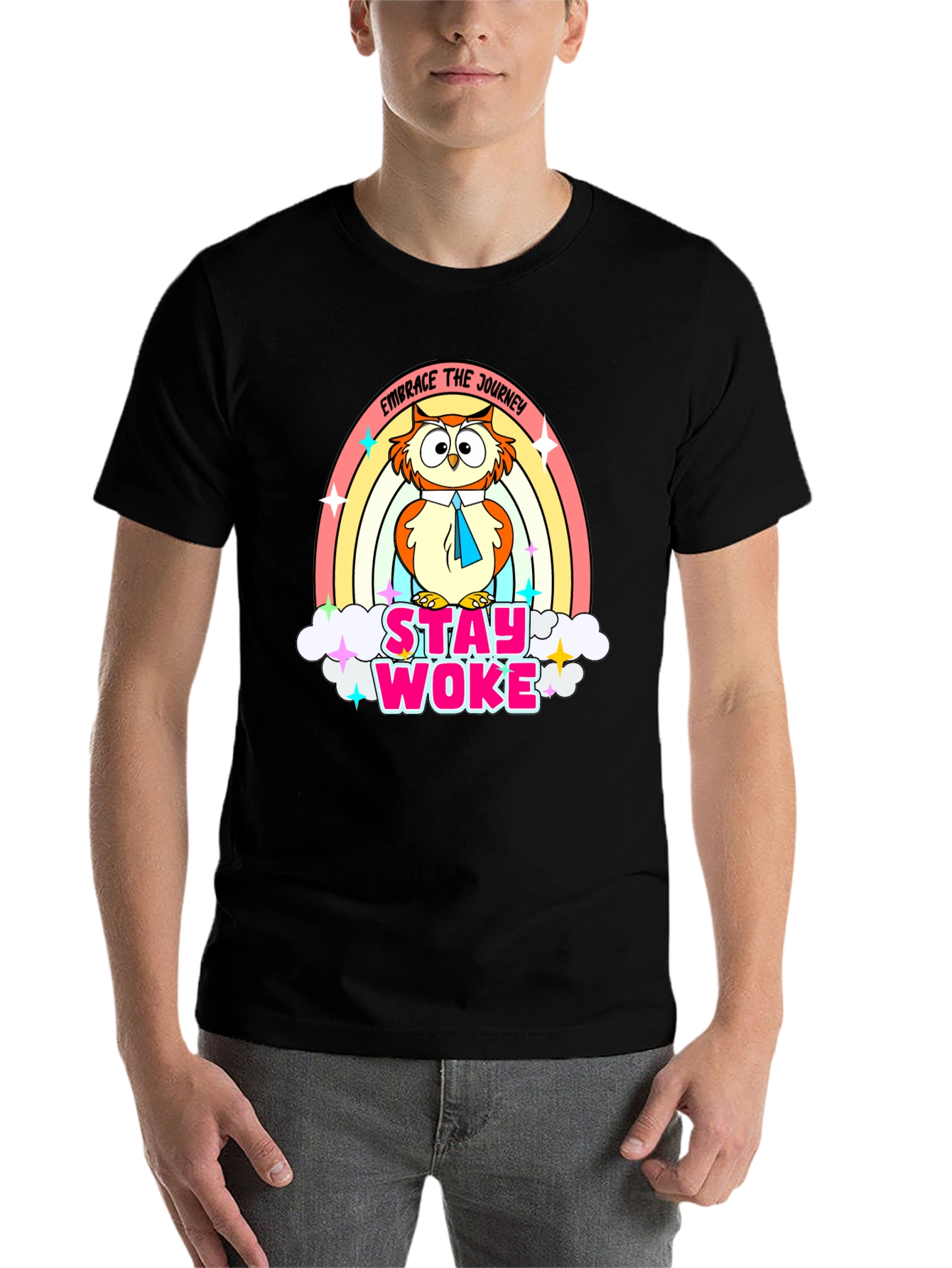 Black Stay Woke Owl Rainbow T-Shirt view 7