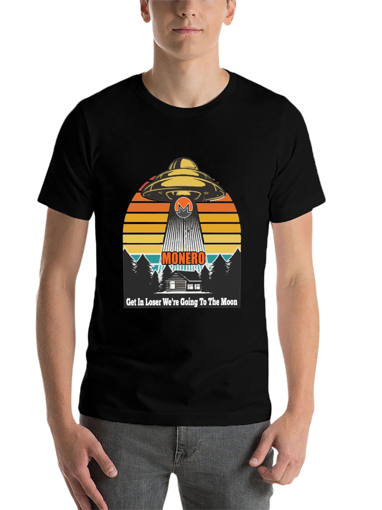 Black Monero UFO Abduction T-Shirt - Crypto to the Moon! view 7