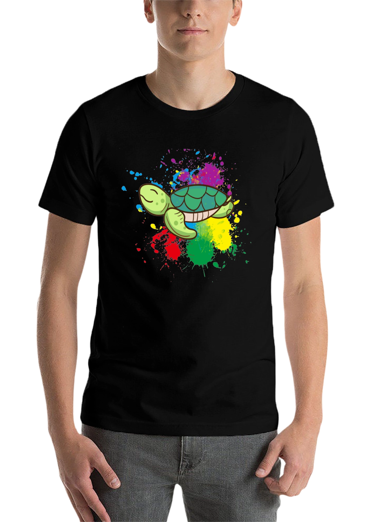 Black Colorful Turtle Graphic Tee - Black Cotton Blend view 7