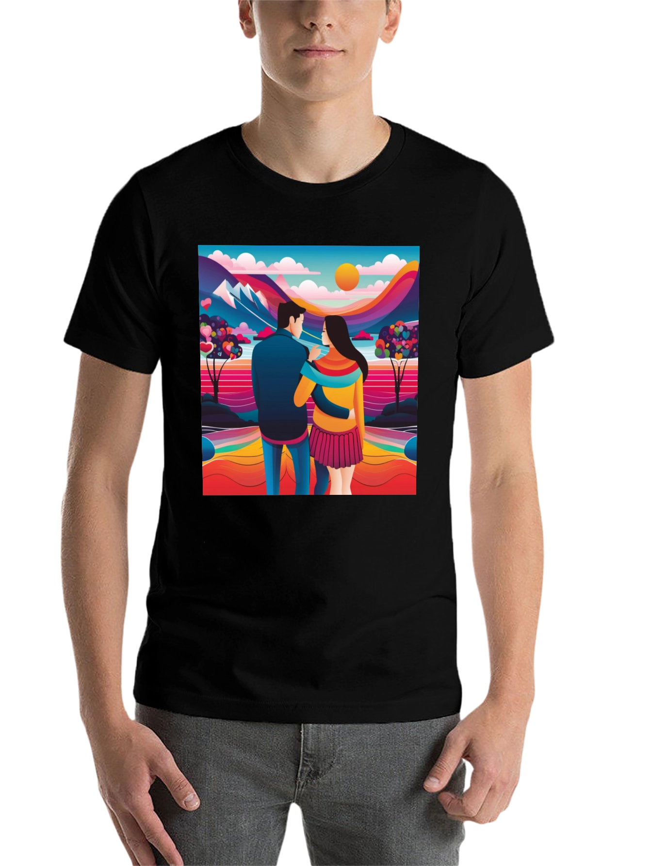 Black Couple's Colorful Landscape Tee view 7