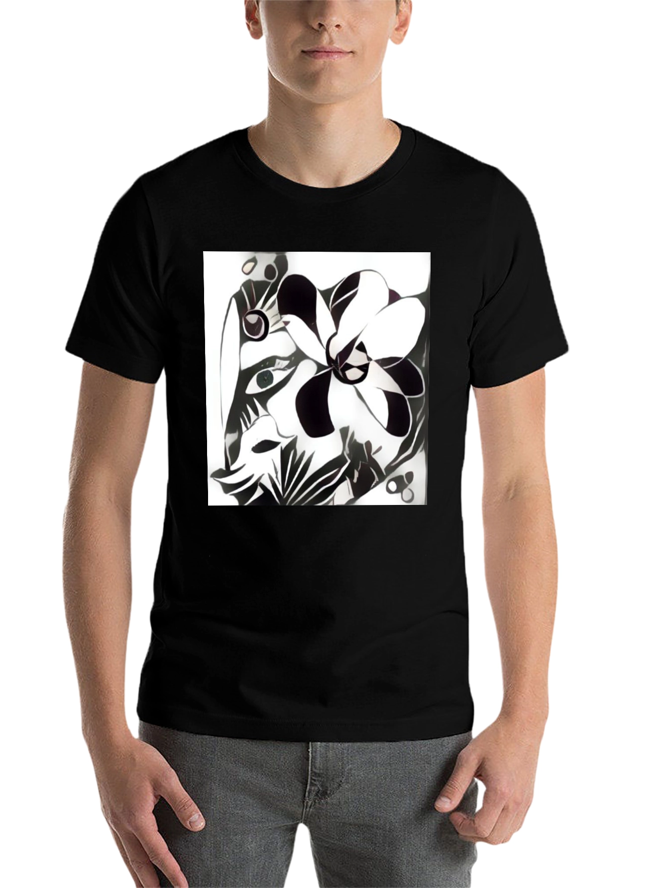 Black Abstract Floral Graphic Tee - Unisex Cotton Blend view 7