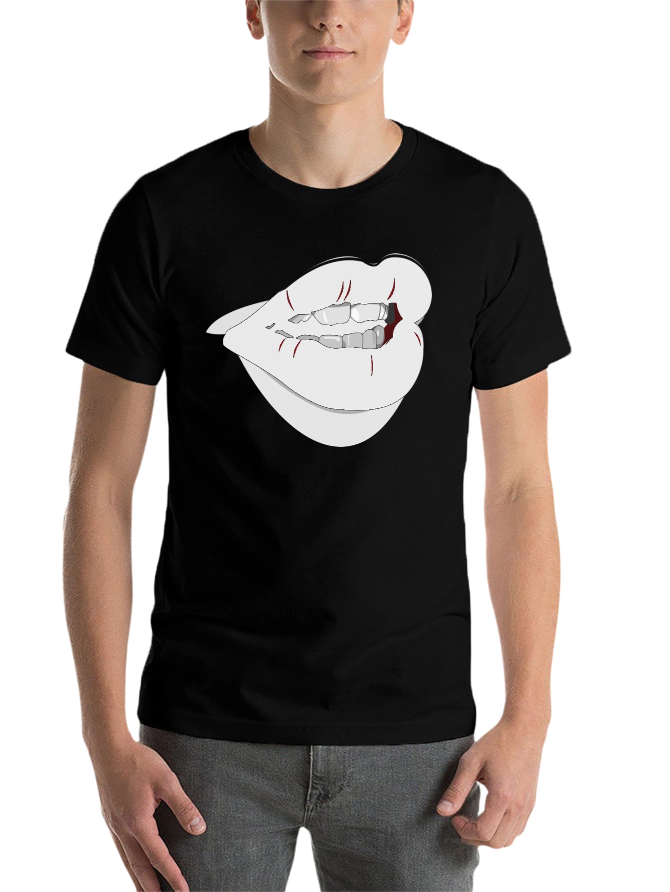 Black Graphic Lips Tee - Black Cotton Blend view 7