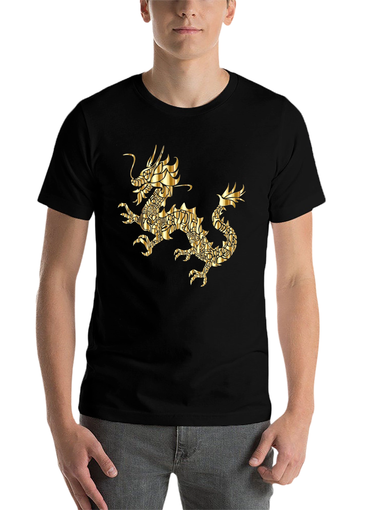 Black Golden Dragon Graphic Print Black T-Shirt view 7