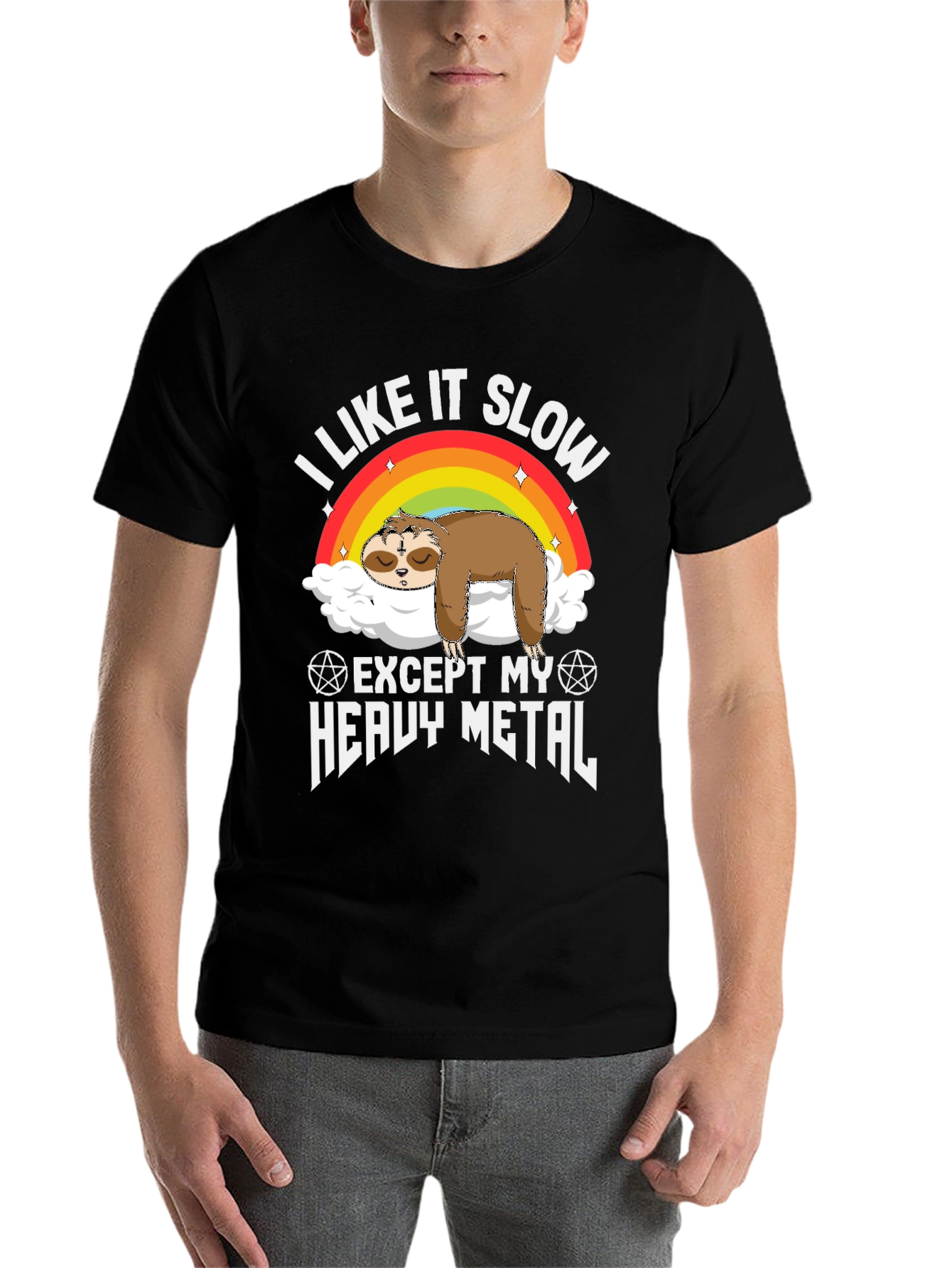Black I Like It Slow Except My Heavy Metal Sloth T-Shirt view 7