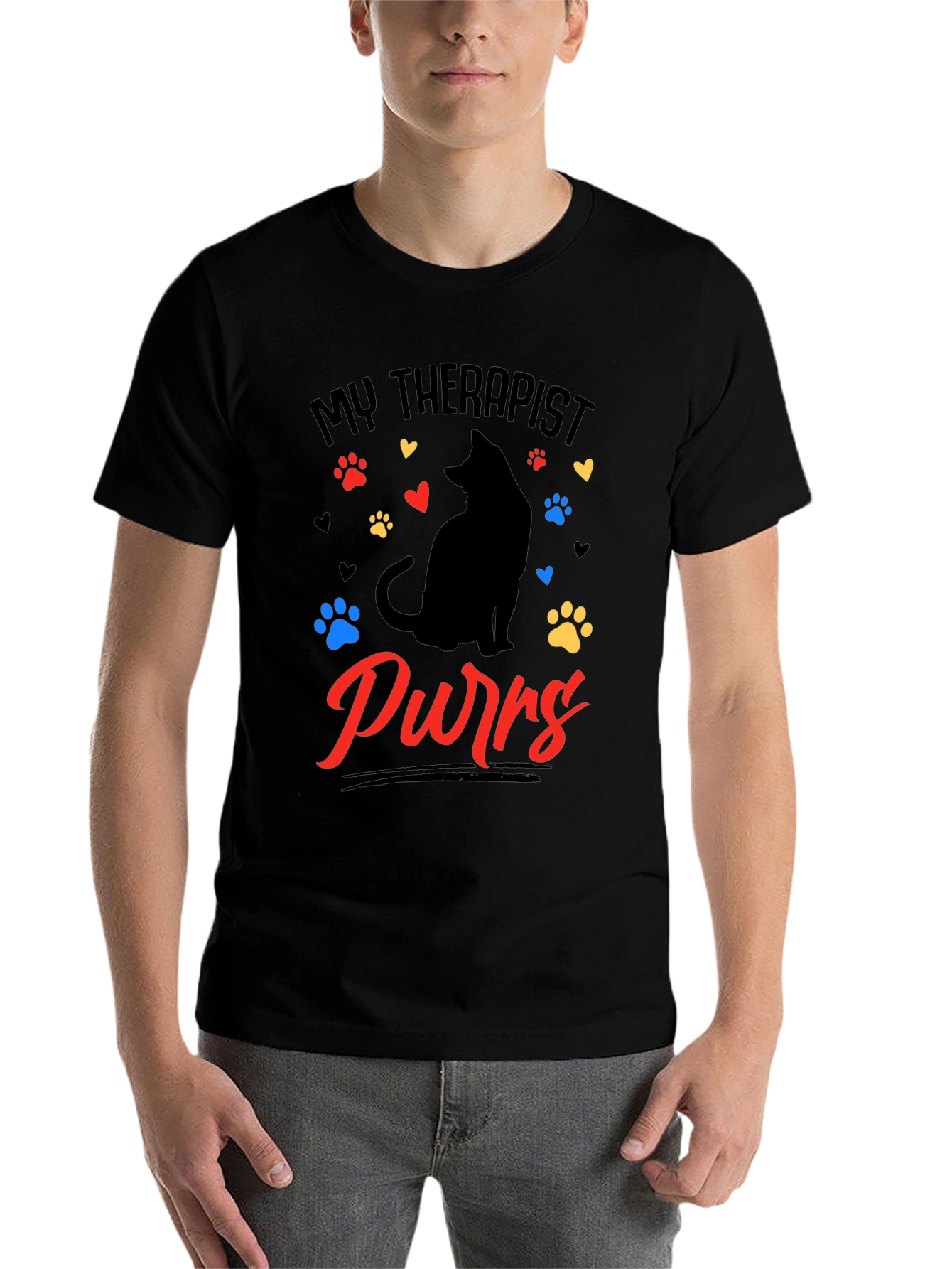 My Therapist Purrs Cat Lover Black T-Shirt - 7