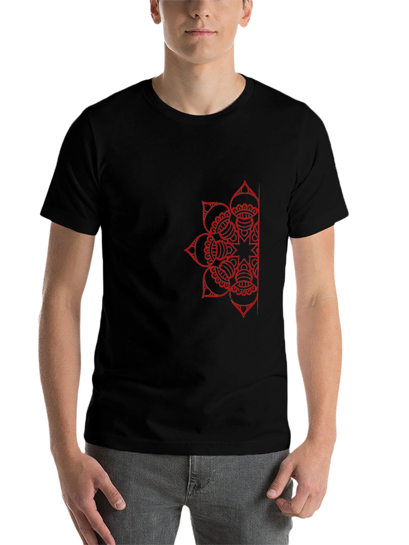 Black T-Shirt with Red Mandala Design - 7