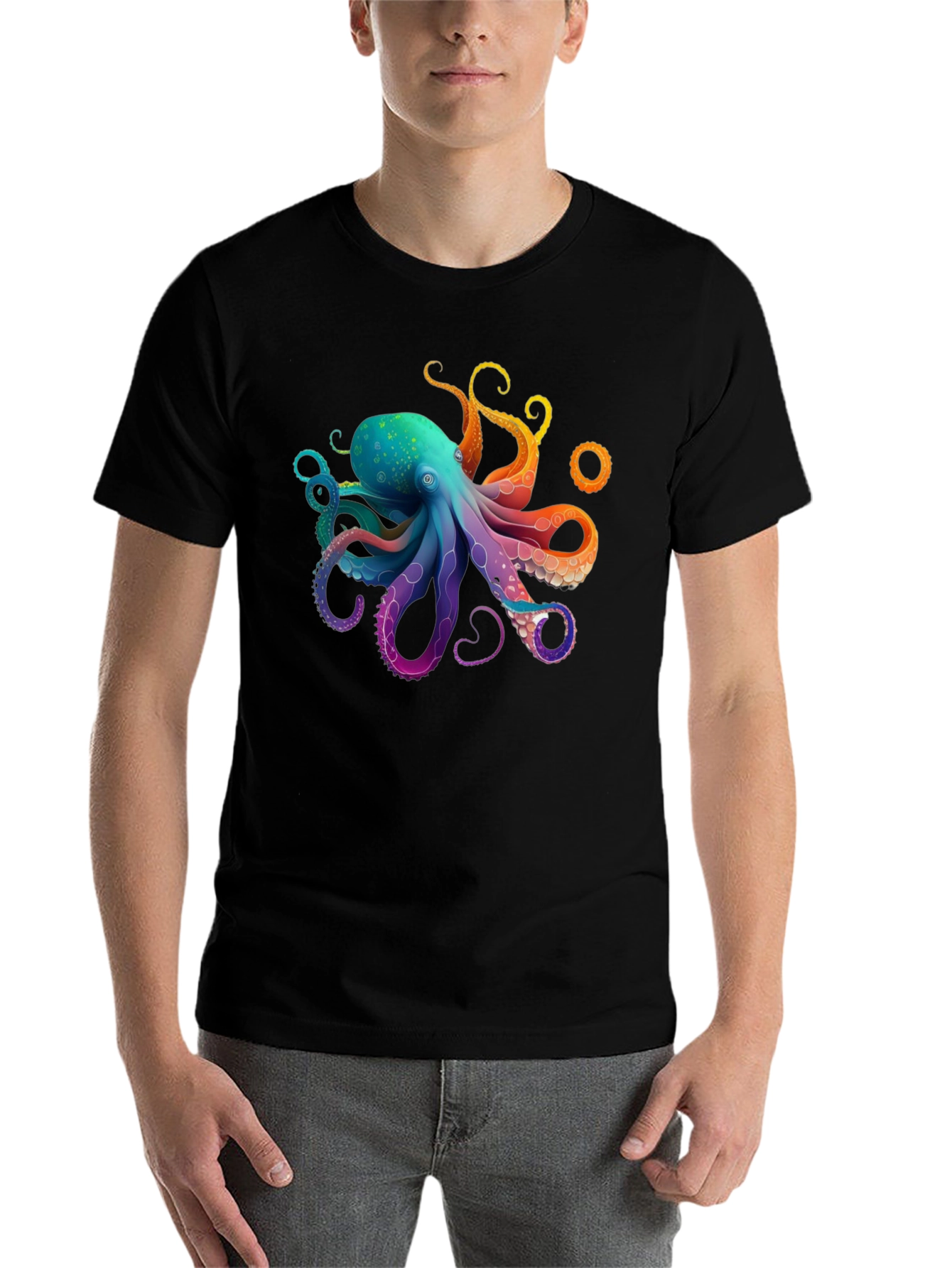 Black Rainbow Octopus Graphic T-Shirt - Black Cotton Blend view 7