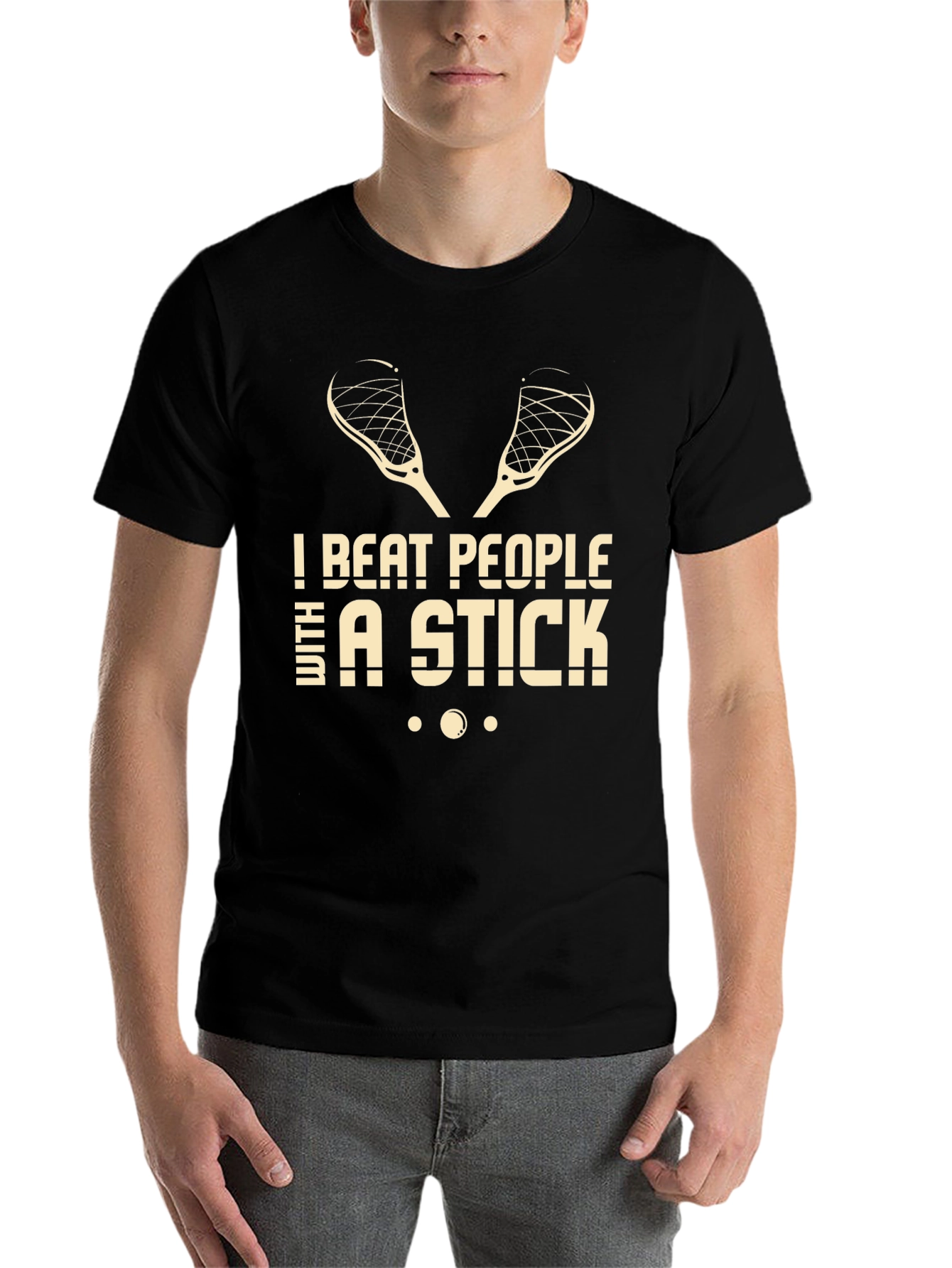 Black I Beat People With a Stick Lacrosse T-Shirt view 7