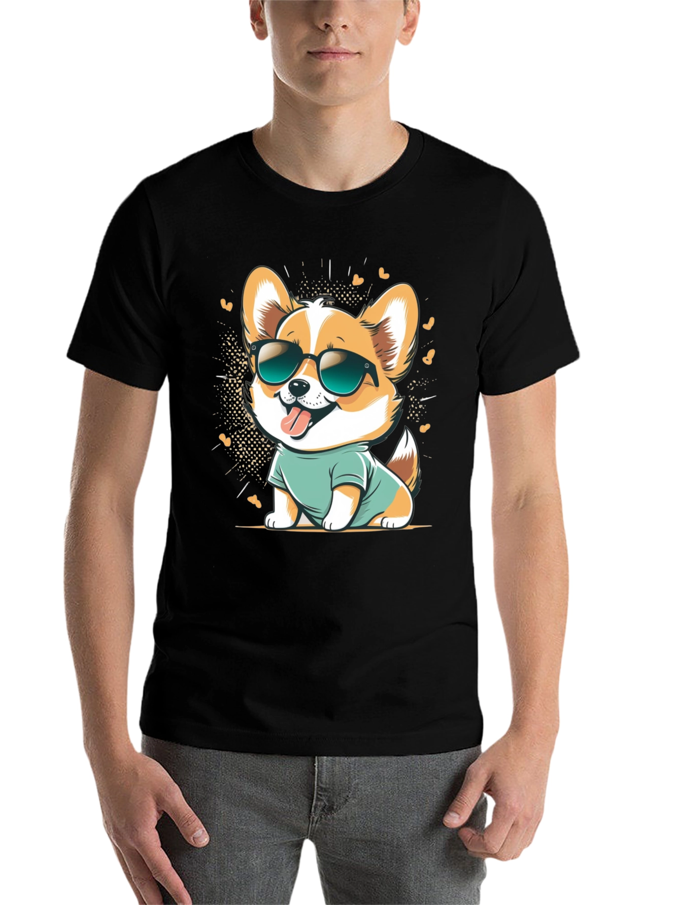 Black Cool Corgi Cartoon Graphic Tee - Black Cotton T-Shirt view 7