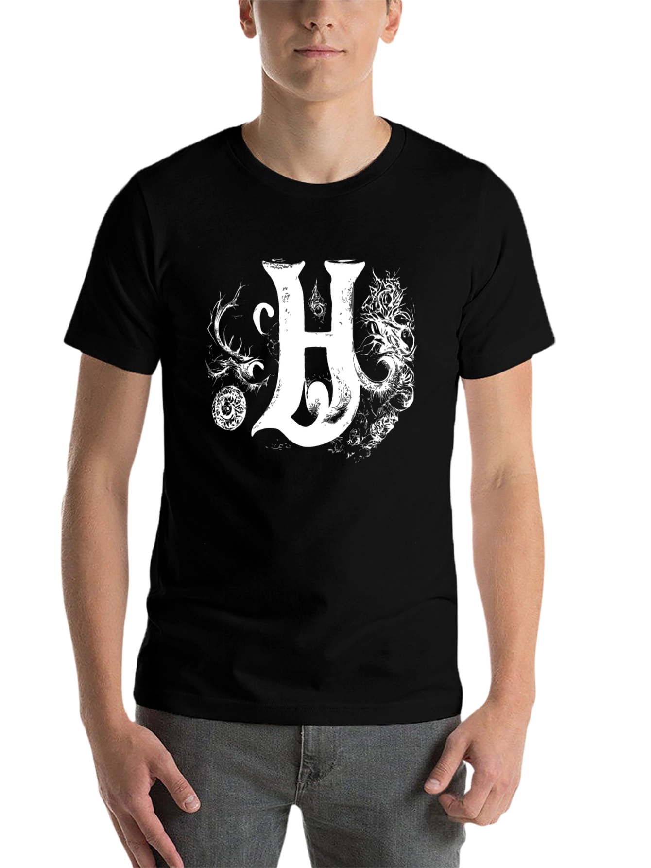 Black Men's Black T-Shirt with Intricate Letter H Design view 7