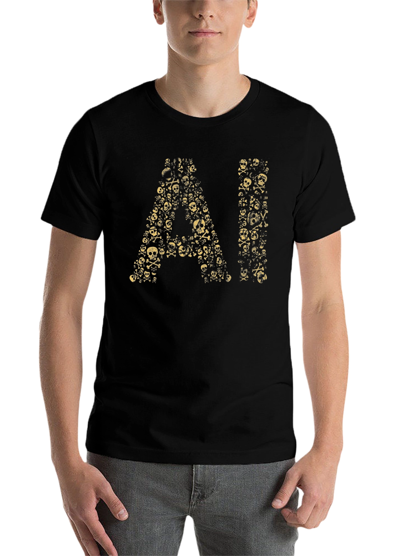 Black AI Skull Graphic T-Shirt - Black Cotton Blend view 7