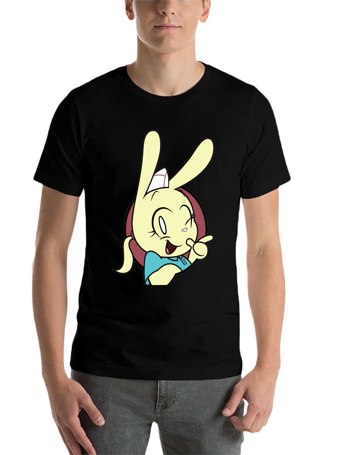 Black Cartoon Rabbit Graphic T-Shirt - Black view 7