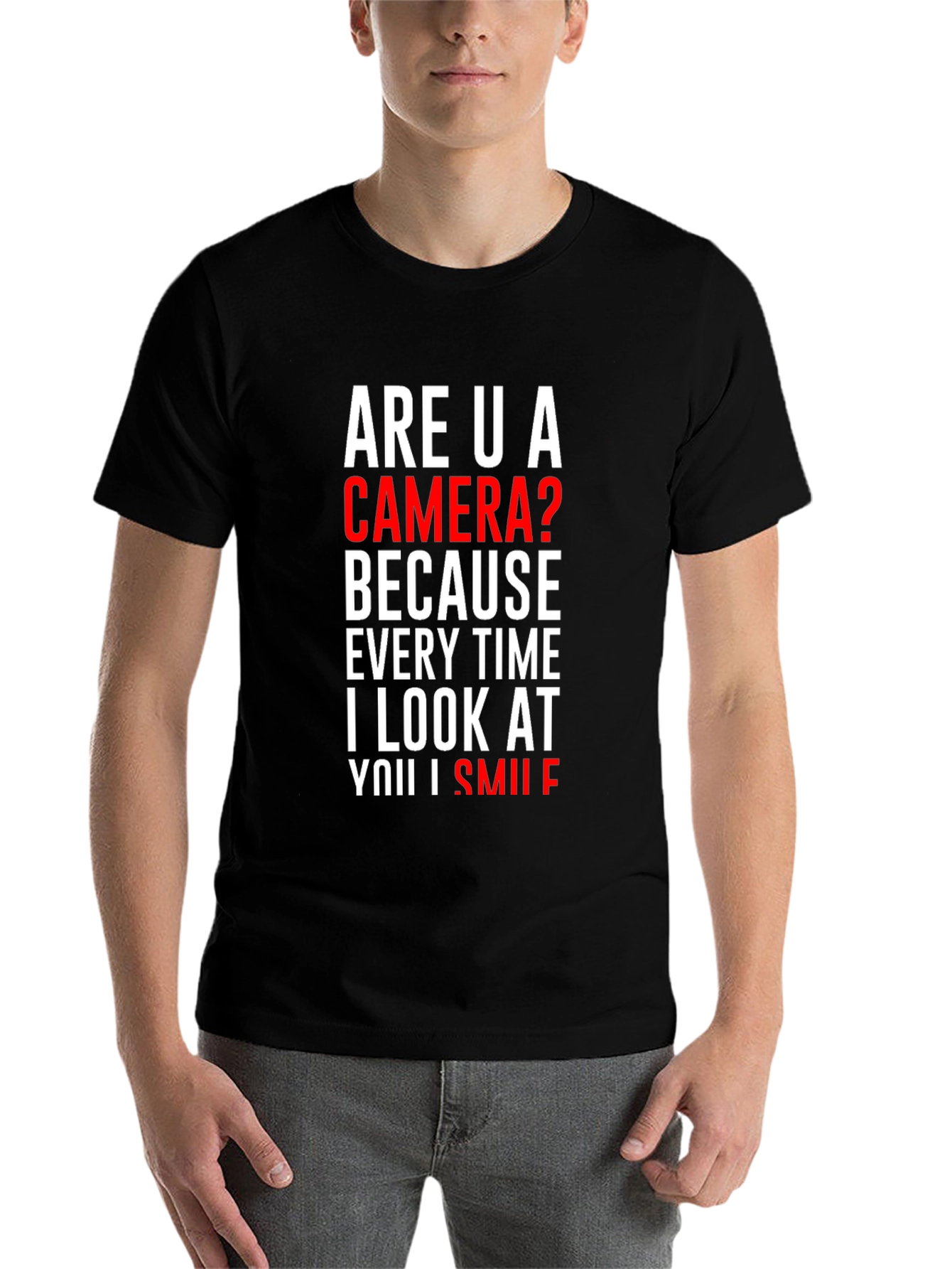 Black Camera Smile T-Shirt: Humorous Pick Up Line Tee view 7