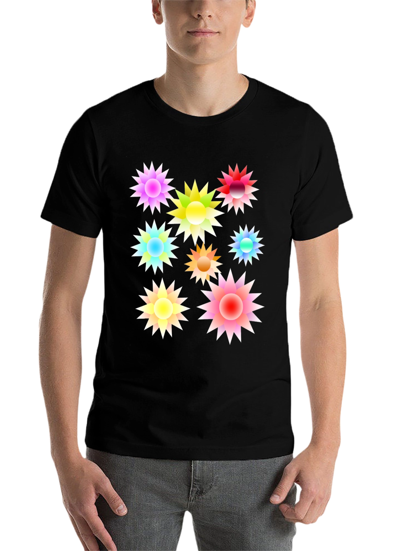 Black Colorful Floral Burst Black T-Shirt view 7
