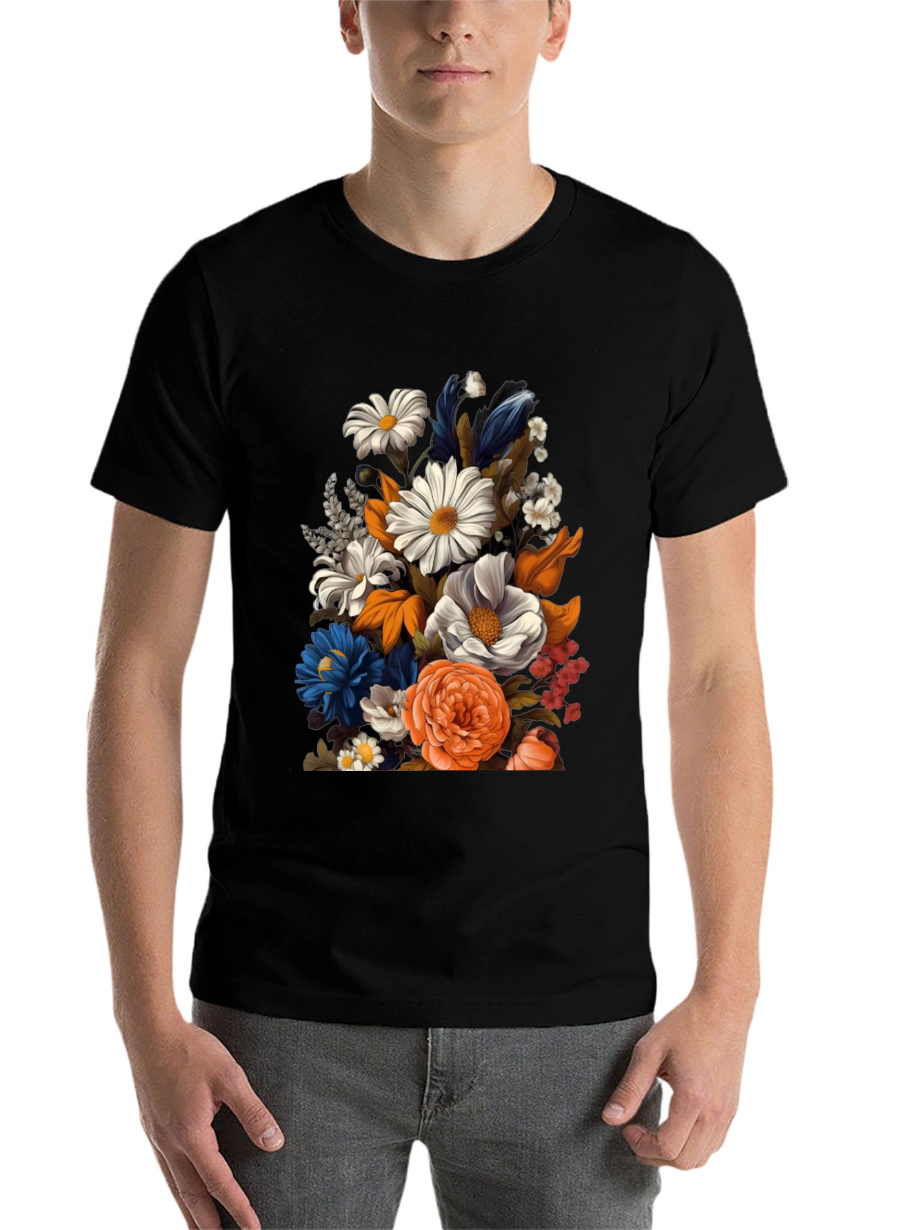 Black Floral Print Black T-Shirt for Men view 7