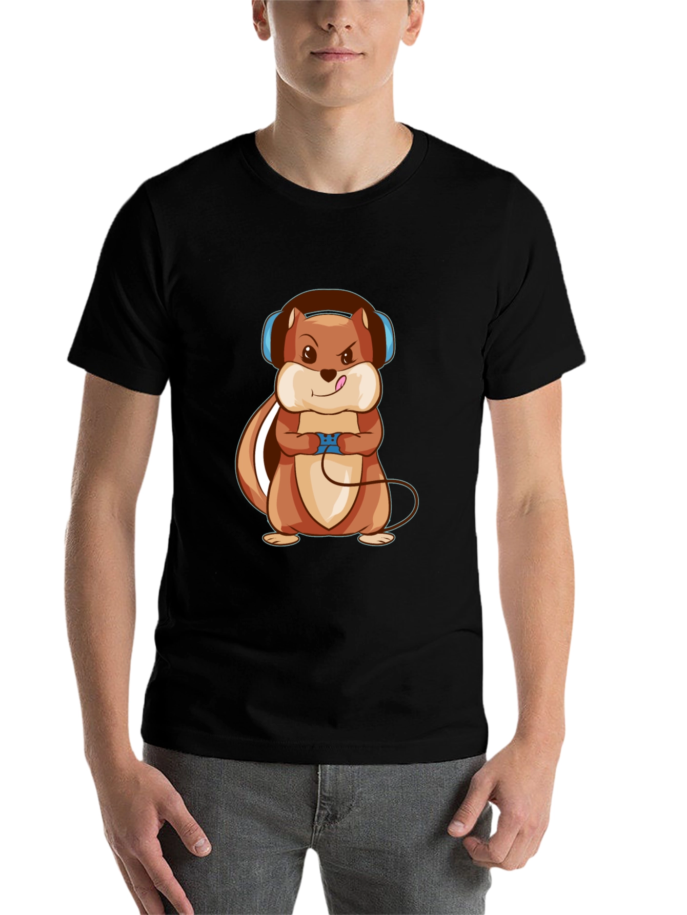 Black Gamer Squirrel Graphic Tee - Black Cotton T-Shirt view 7