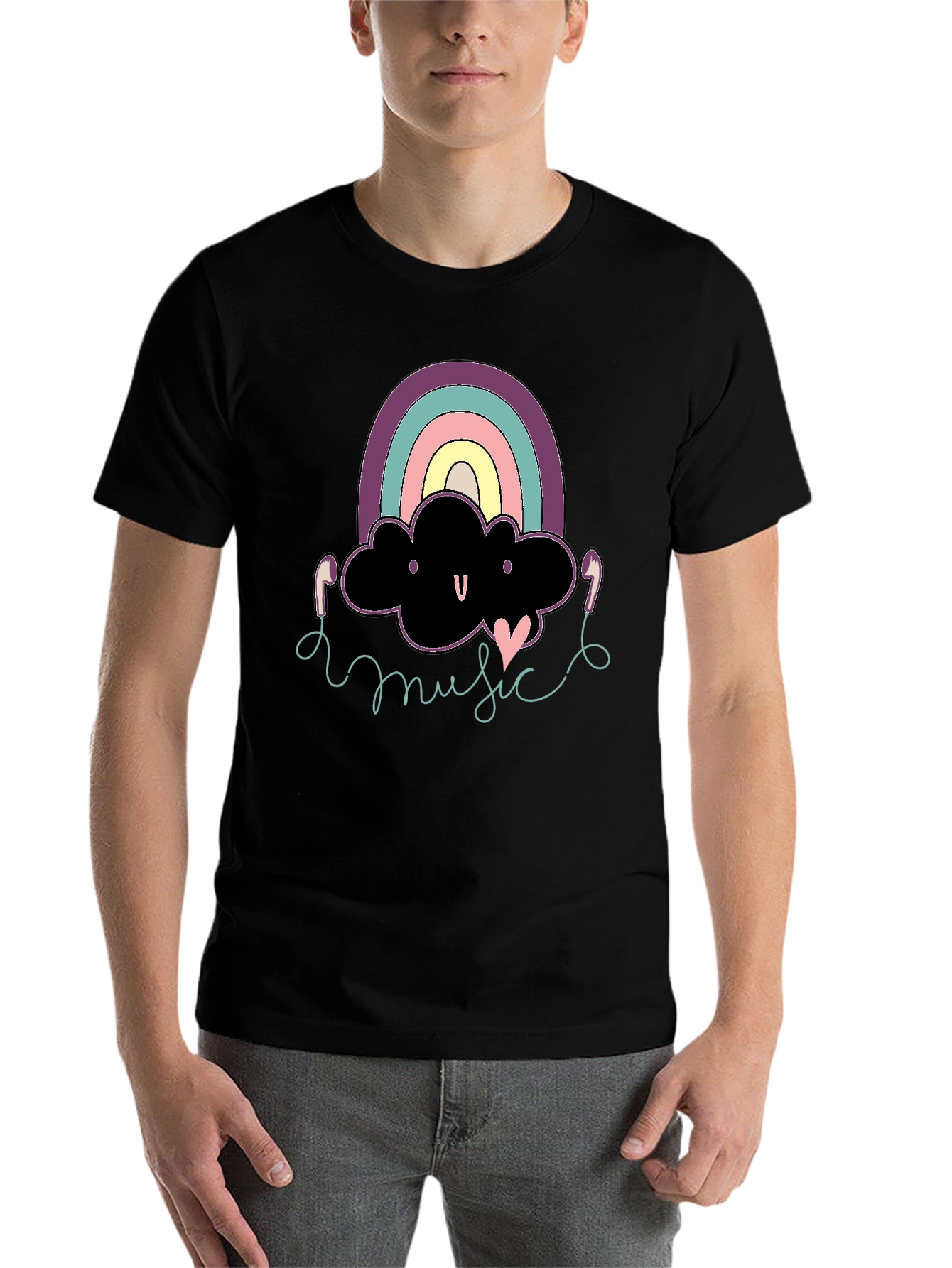 Black Rainbow Cloud Music T-Shirt Cute Design Black Cotton view 7