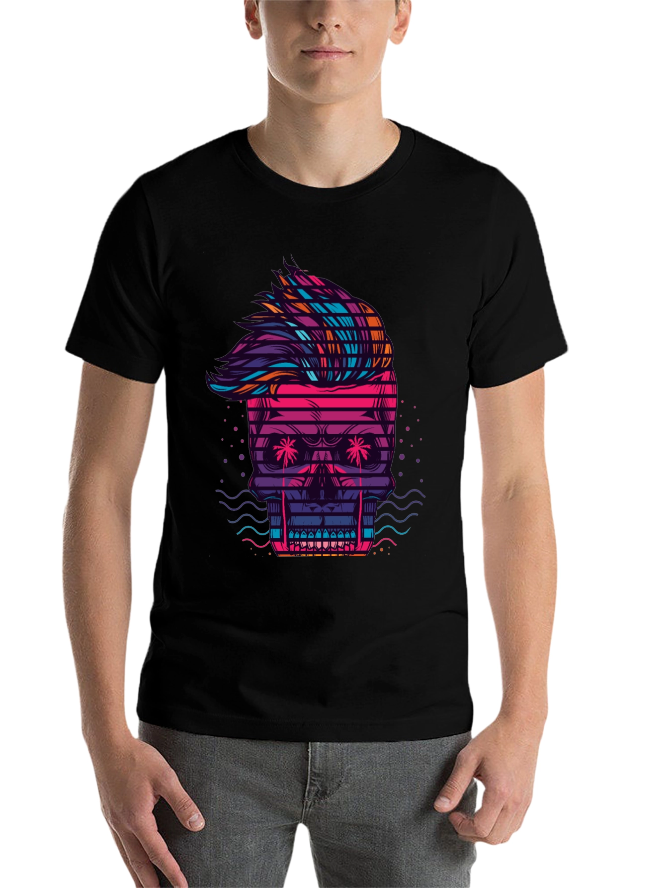 Black Neon Skull Graphic Tee - Retro Wave Style view 7