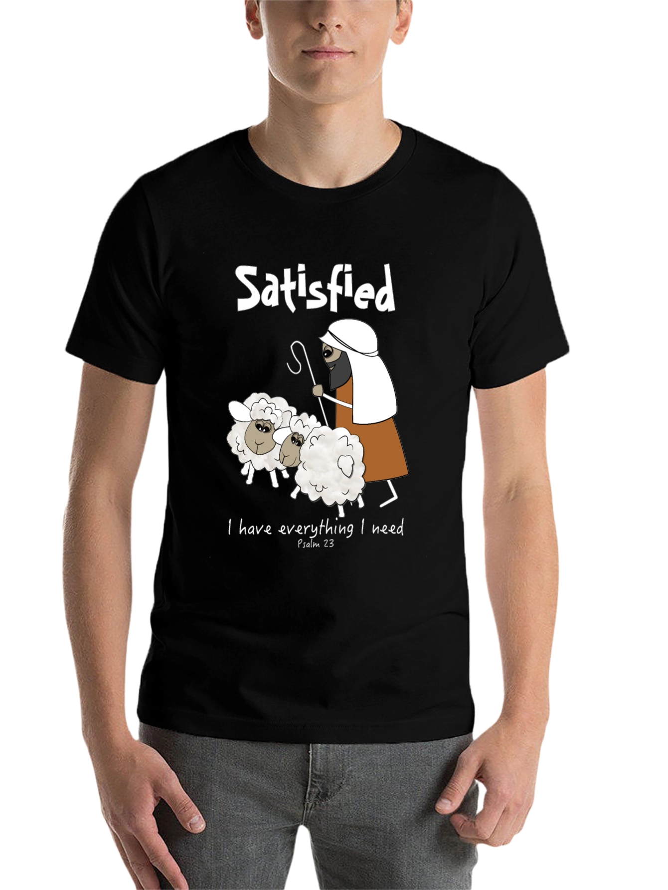 Black Satisfied Shepherd & Sheep T-Shirt, Psalm 23 view 7
