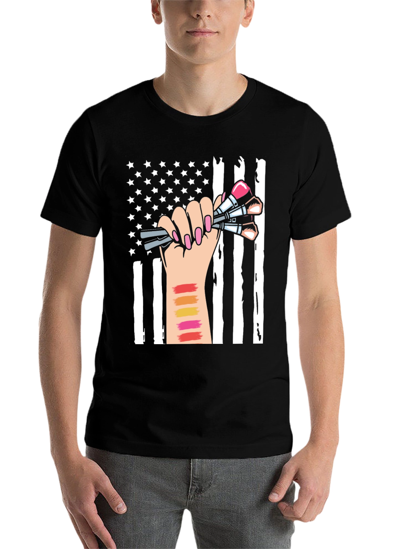 Black Makeup Artist American Flag T-Shirt view 7