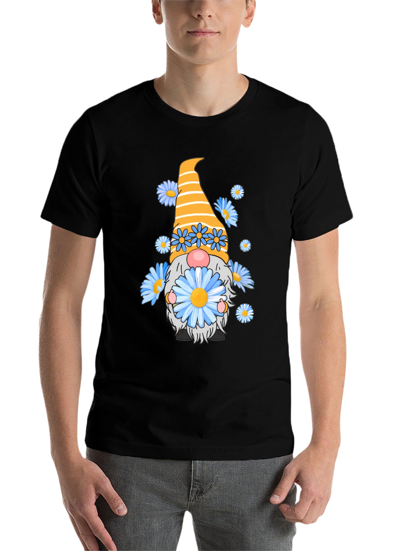 Black Gnome with Flowers Black T-Shirt view 7