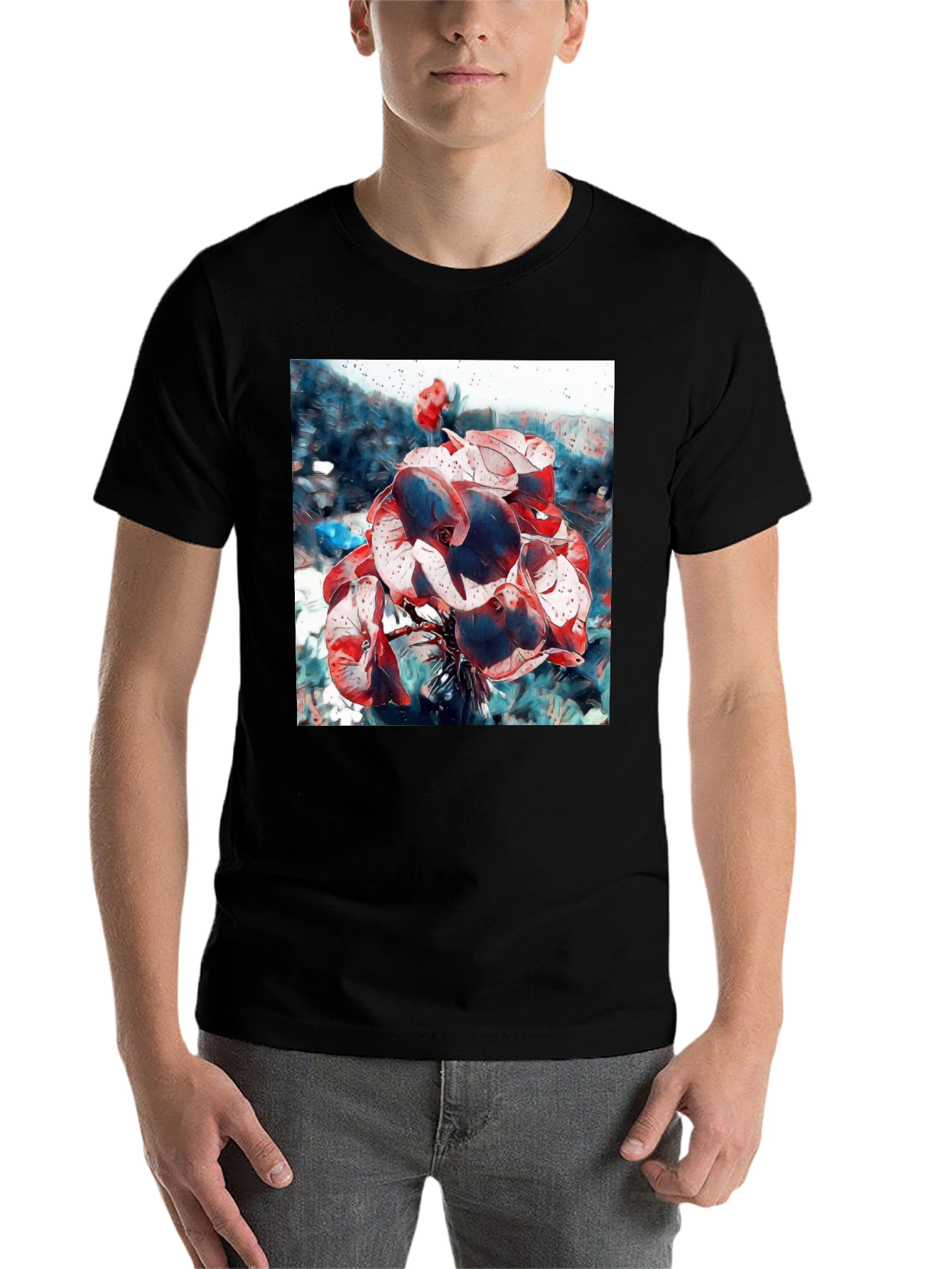 Black Abstract Floral T-Shirt - Artistic Botanical Design view 7