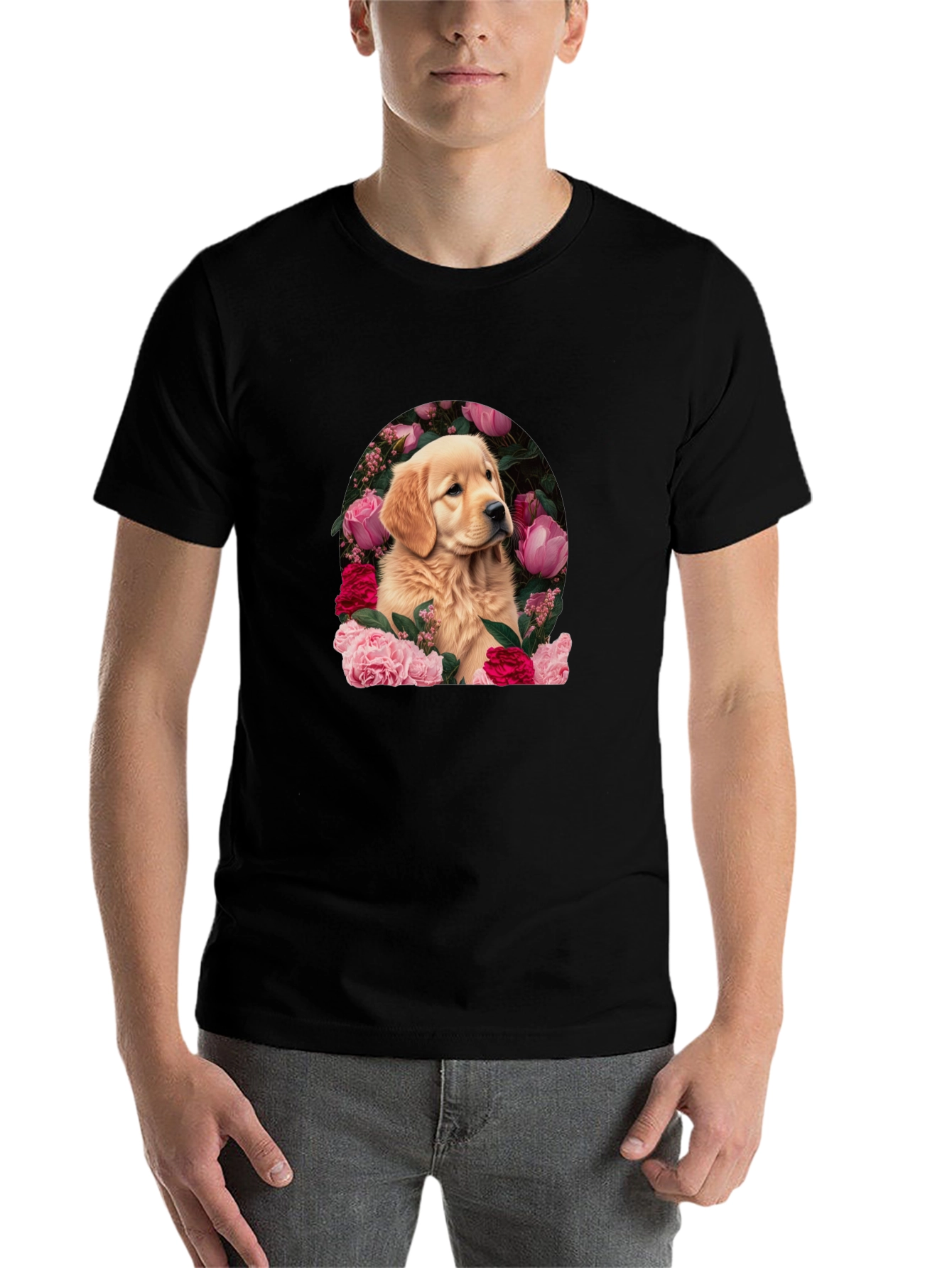 Black Golden Retriever & Floral Black T-Shirt view 7