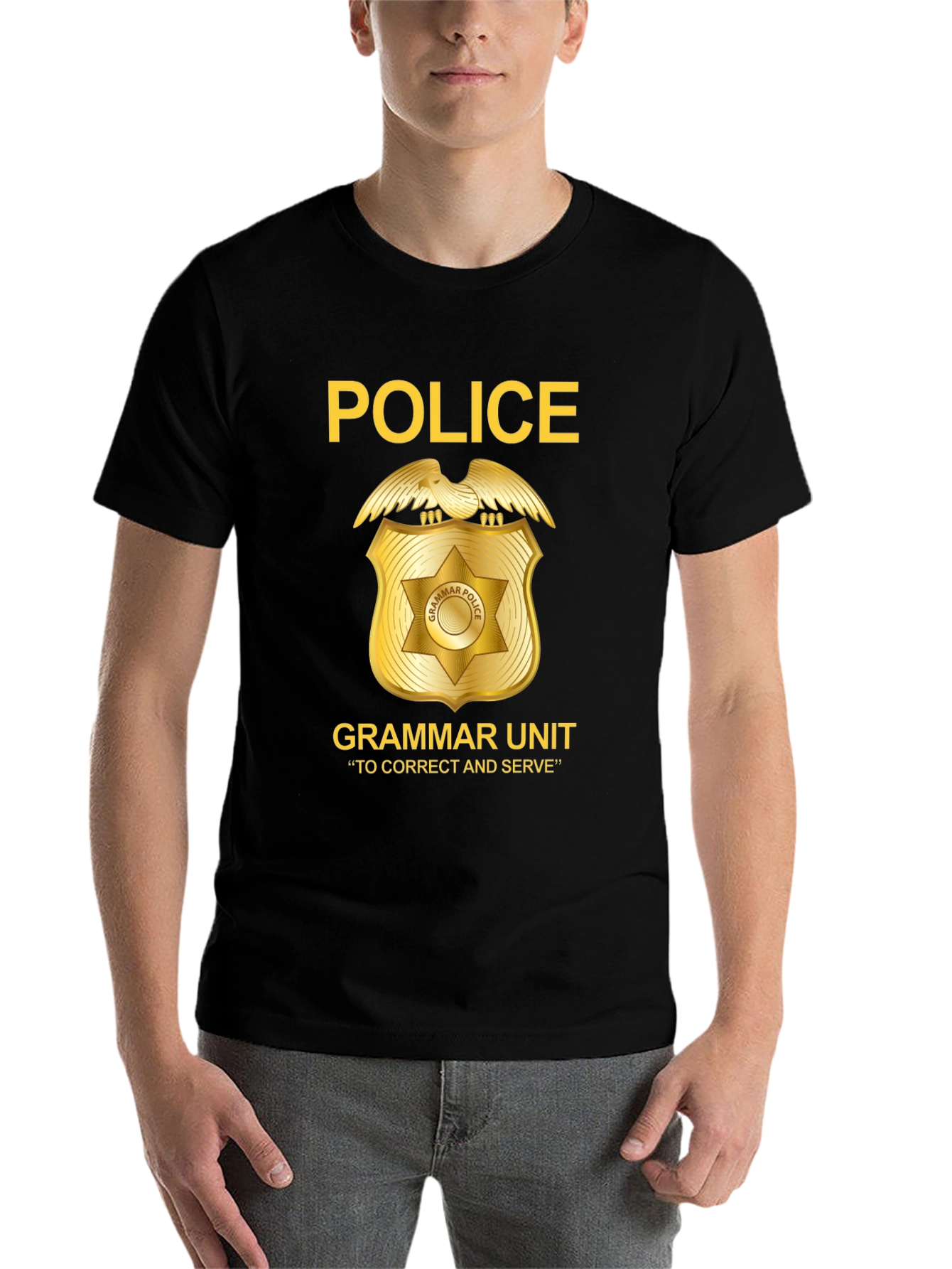 Black Grammar Police T-Shirt - Correct and Serve view 7