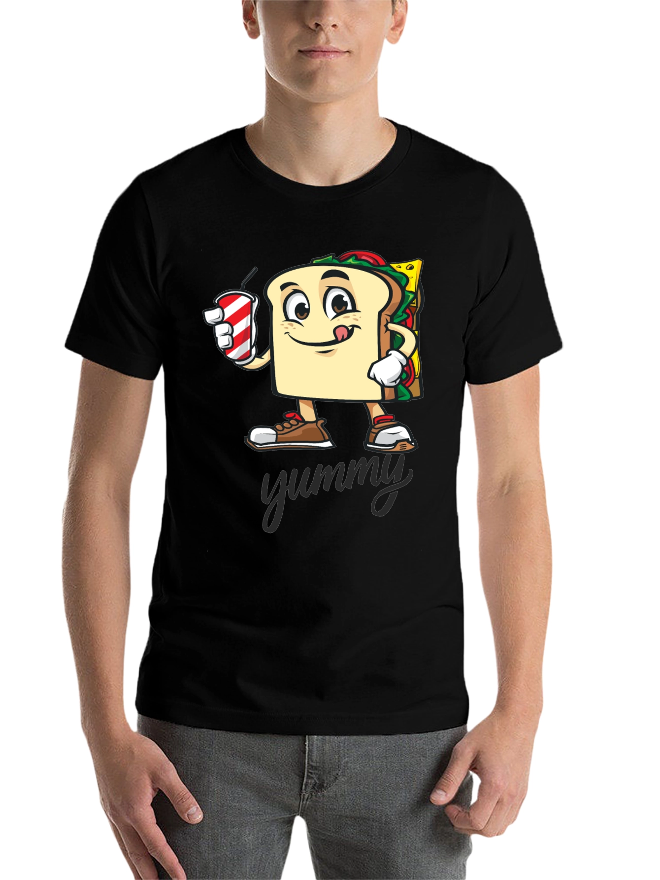Black Sandwich Cartoon T-Shirt - "Yummy" Design view 7