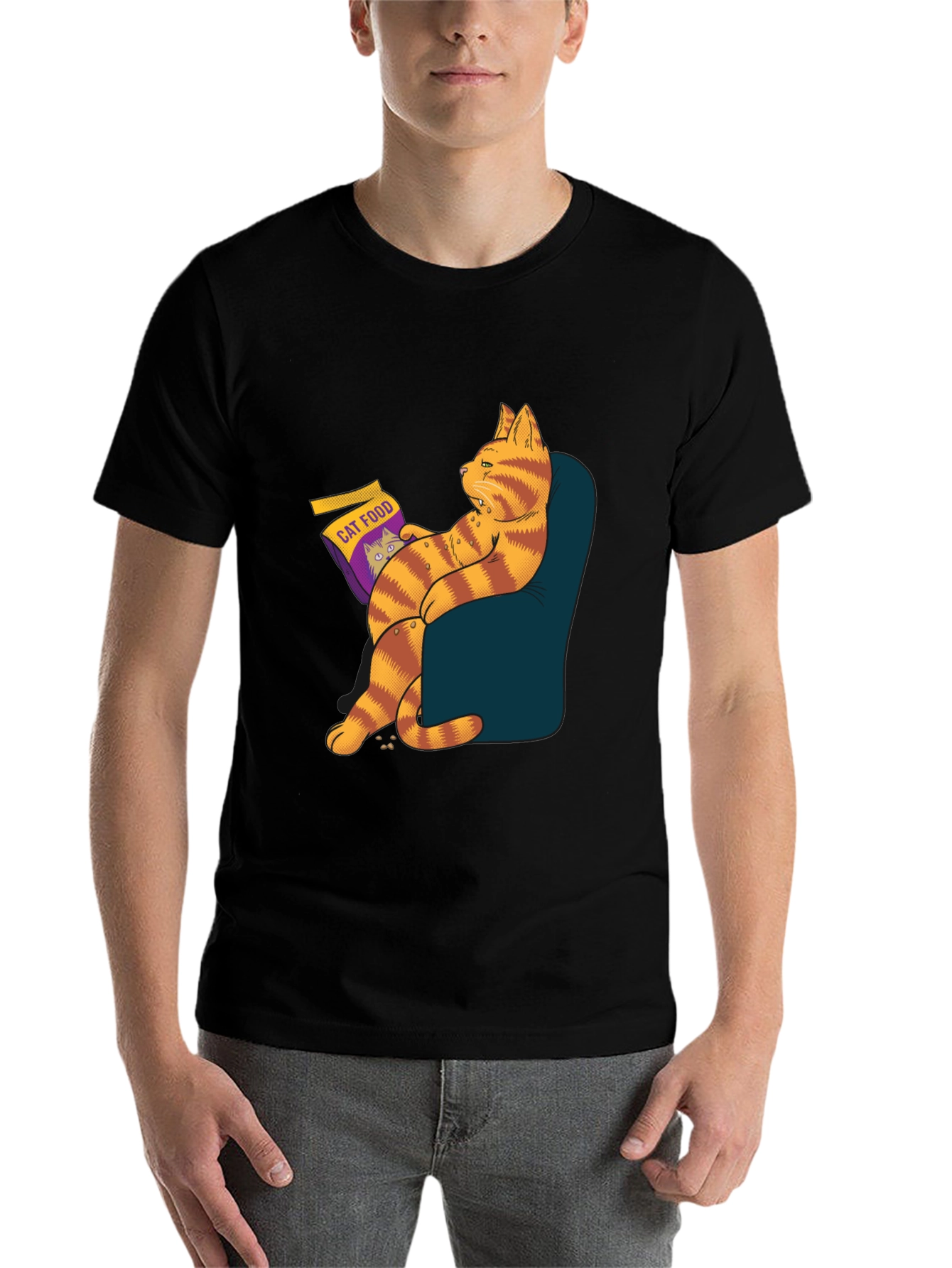 Black Funny Cat Food T-Shirt - Lazy Cat Design view 7