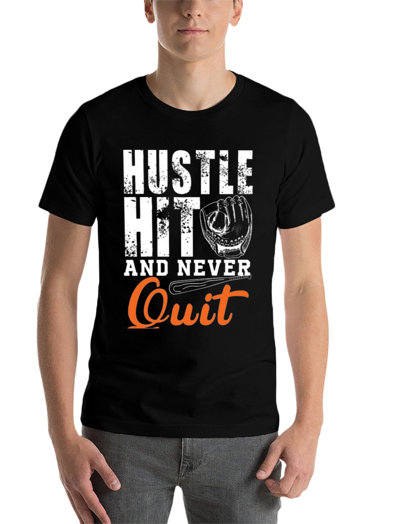 Black Hustle Hit Never Quit Baseball T-Shirt view 7