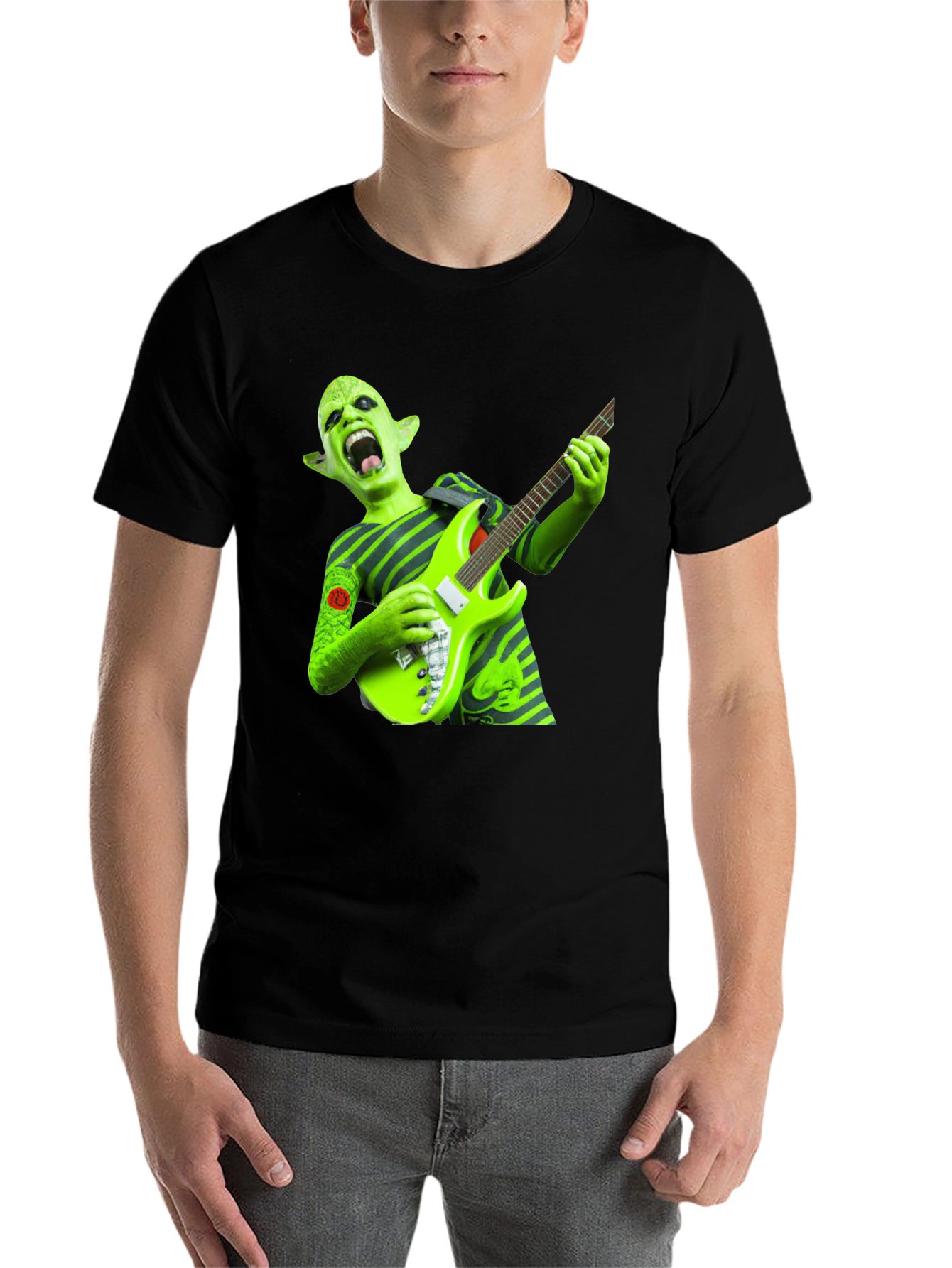 Black Green Alien Guitarist Graphic Tee view 7