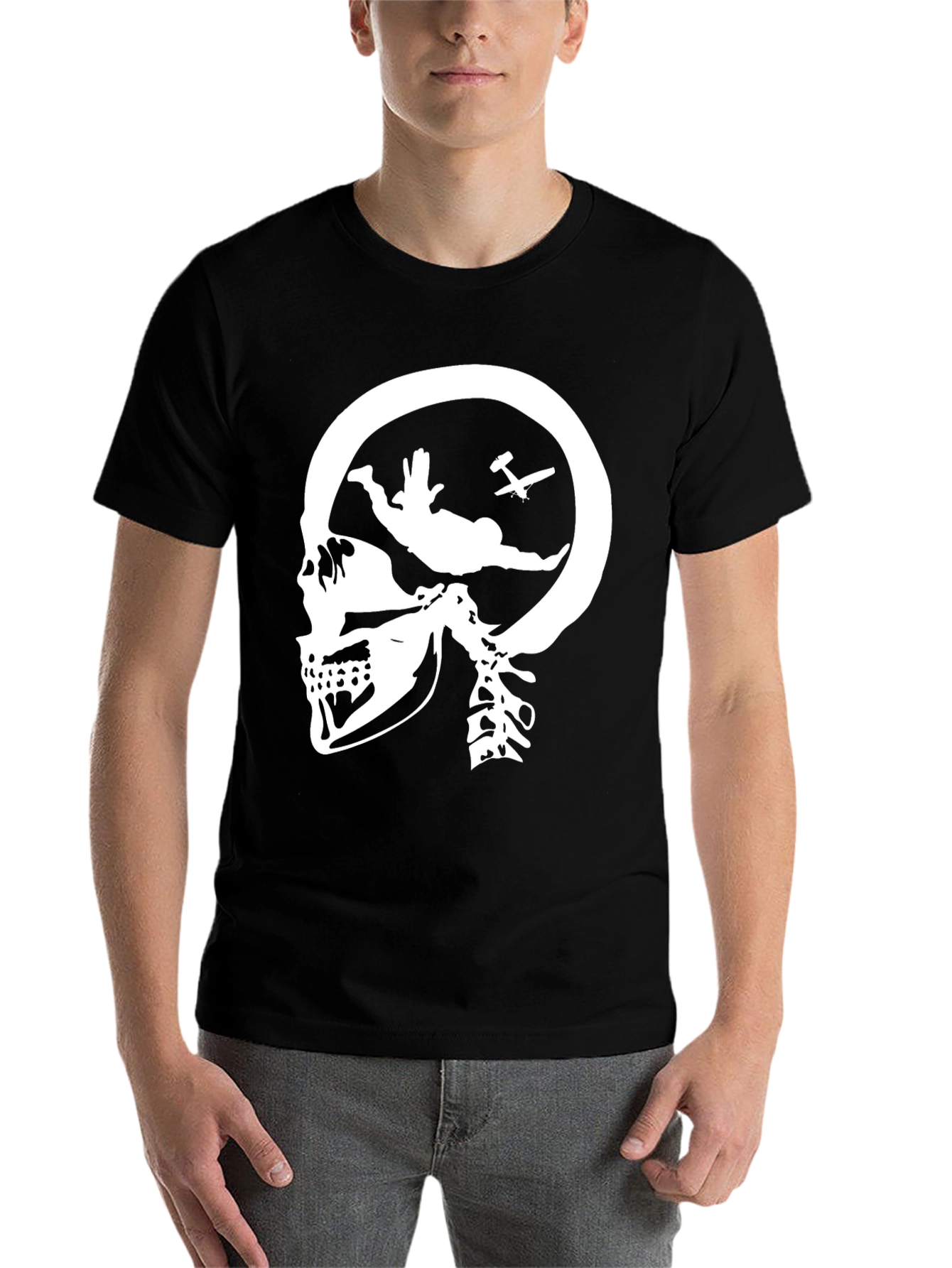 Black Skull Skydiving T-Shirt - Black Graphic Tee view 7