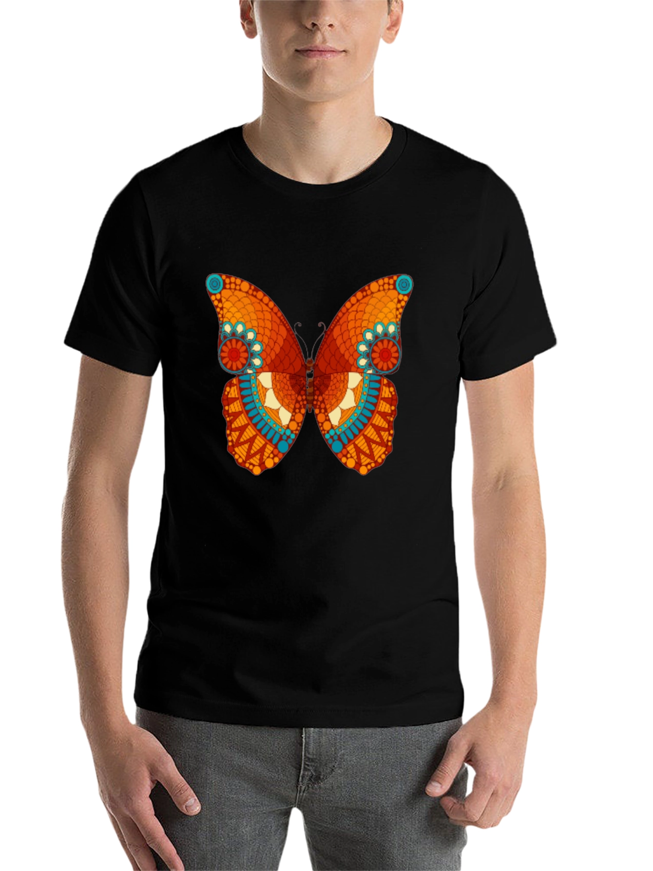 Butterfly Mandala Graphic Tee - Stylish Men's Black T-Shirt - 7