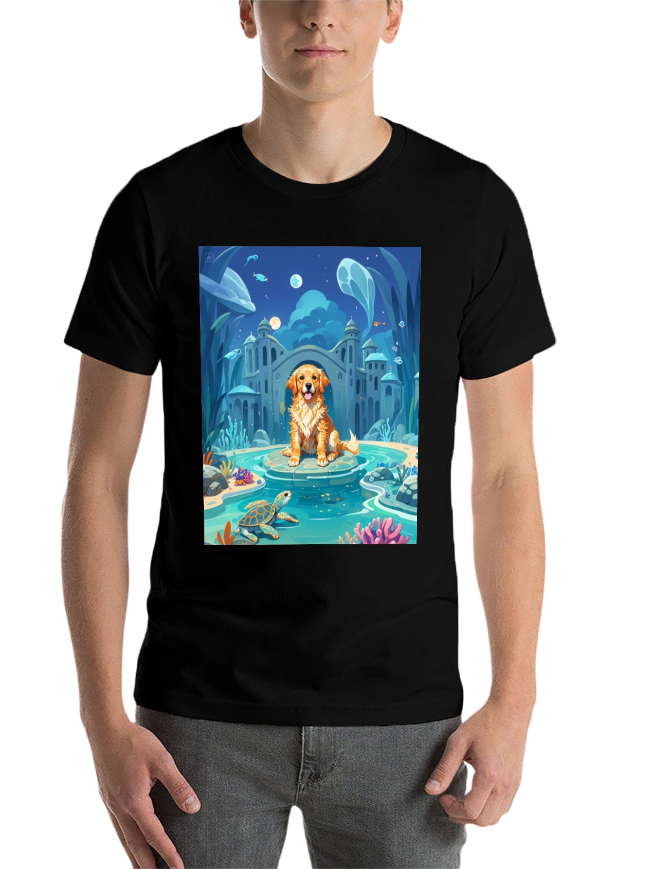 Black Underwater Dog Cartoon Graphic Tee view 7