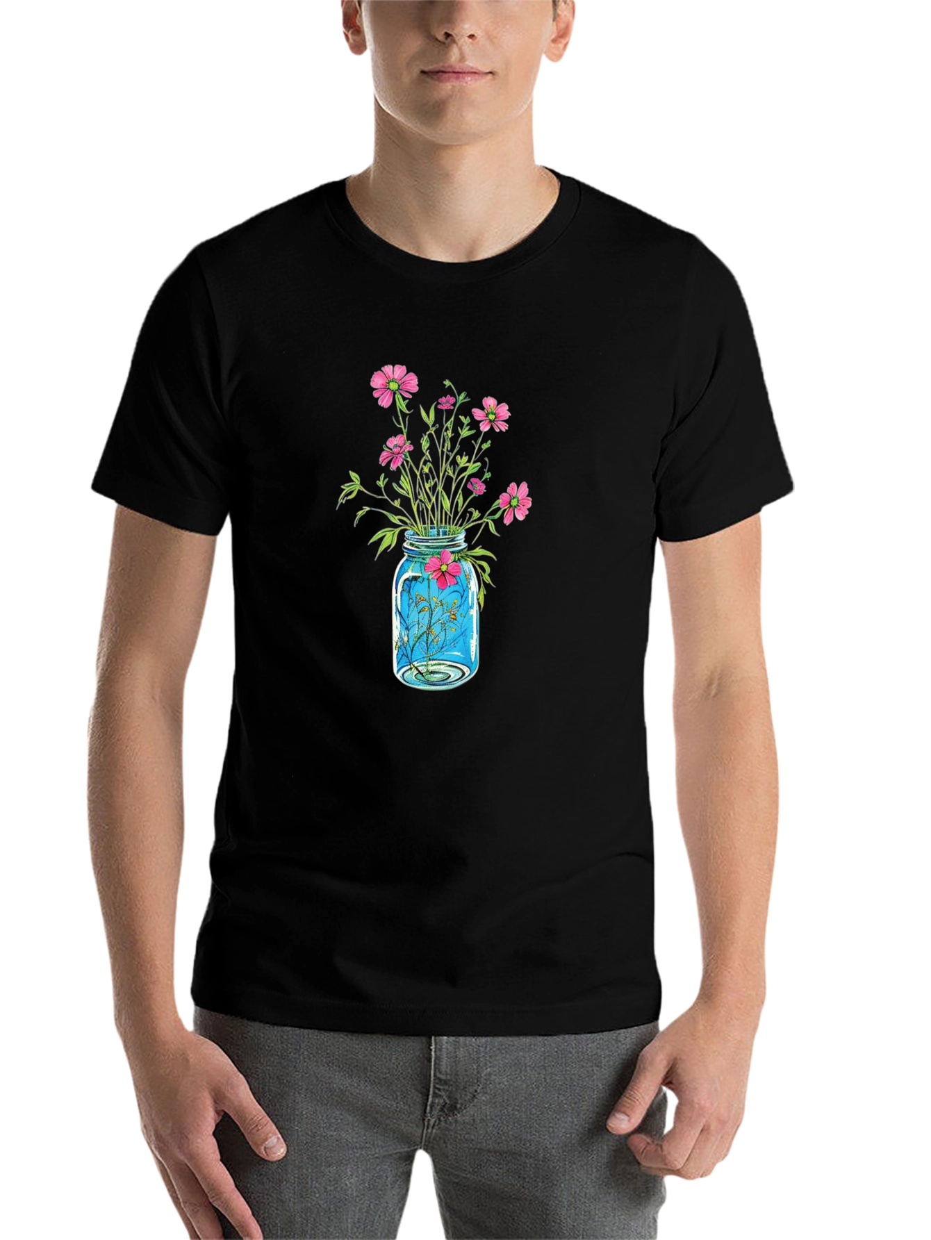 Black Floral Jar Graphic Tee - Black Casual Shirt view 7