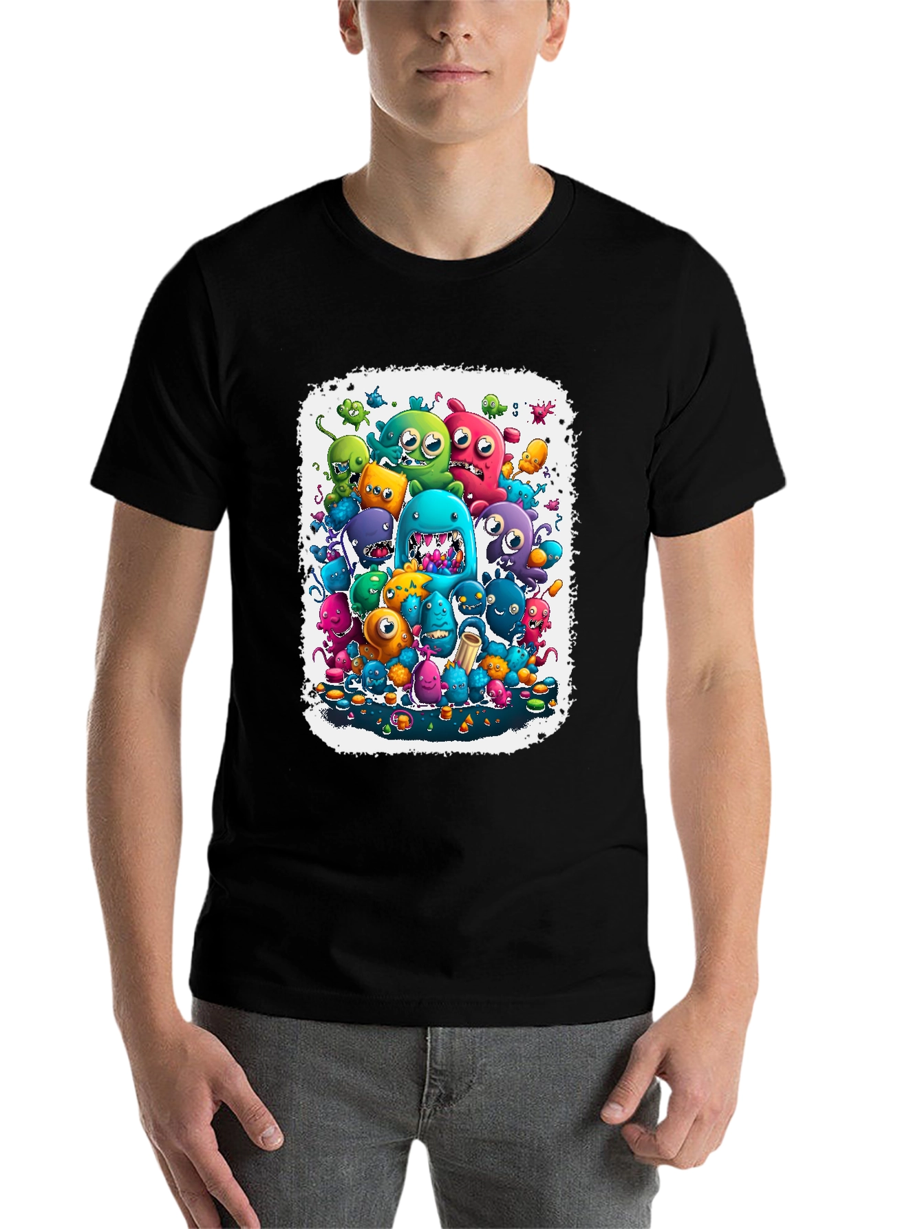 Black Monster Mash Tee: Colorful Cartoon Graphic Print view 7