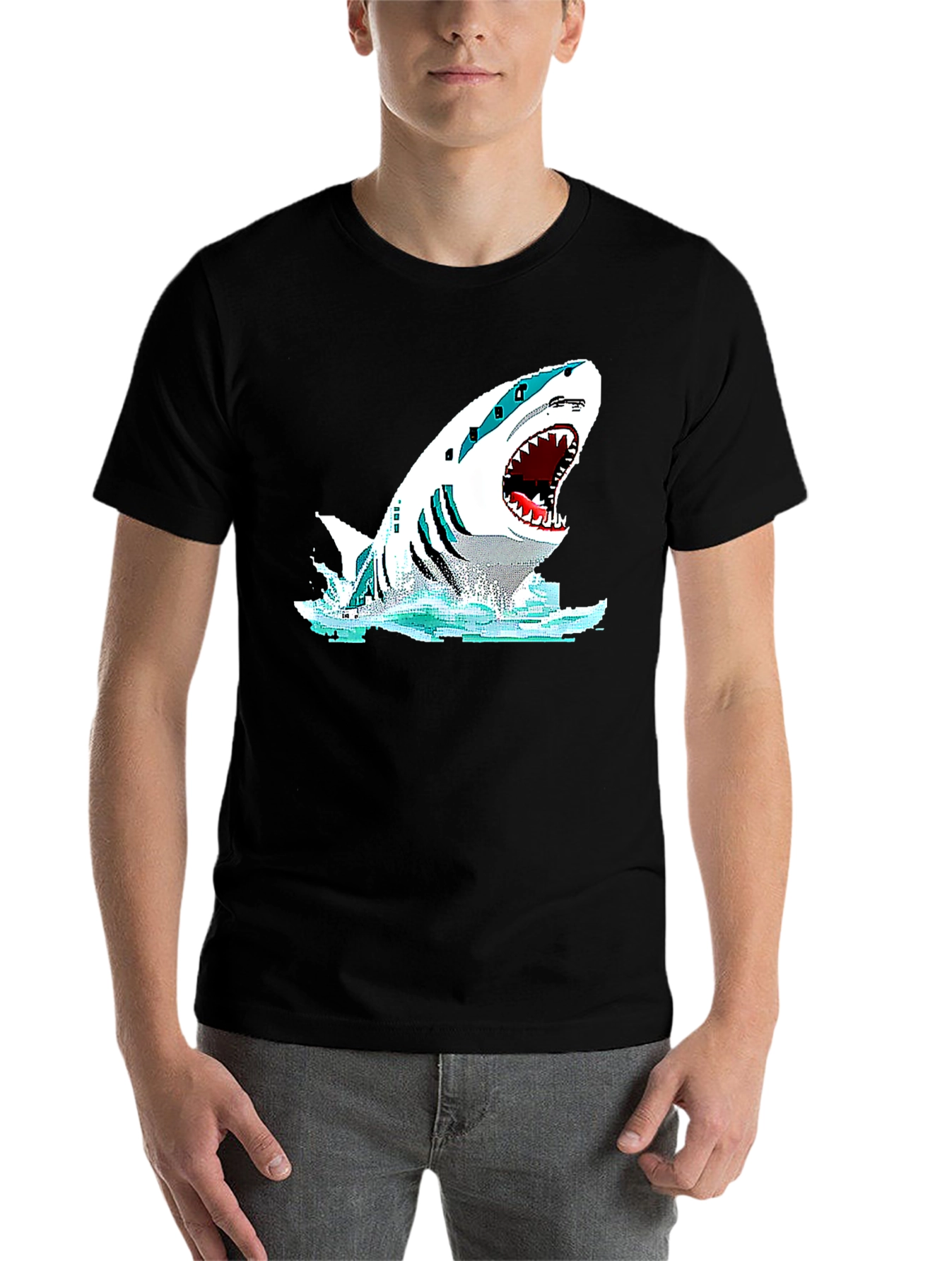 Shark Graphic Black T-Shirt - Pixelated Design - 7