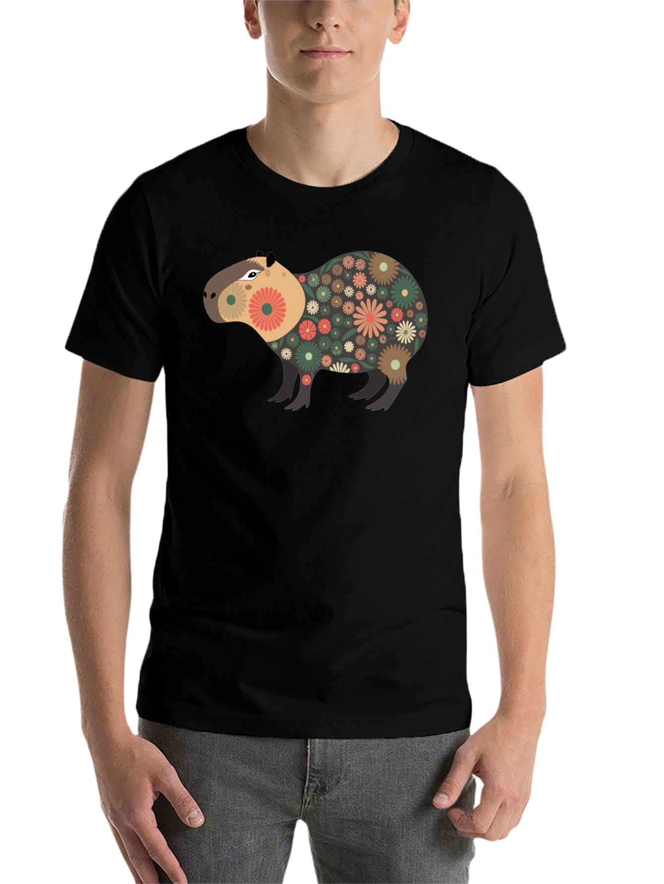 Black Floral Capybara Graphic Tee - Unique Design view 7