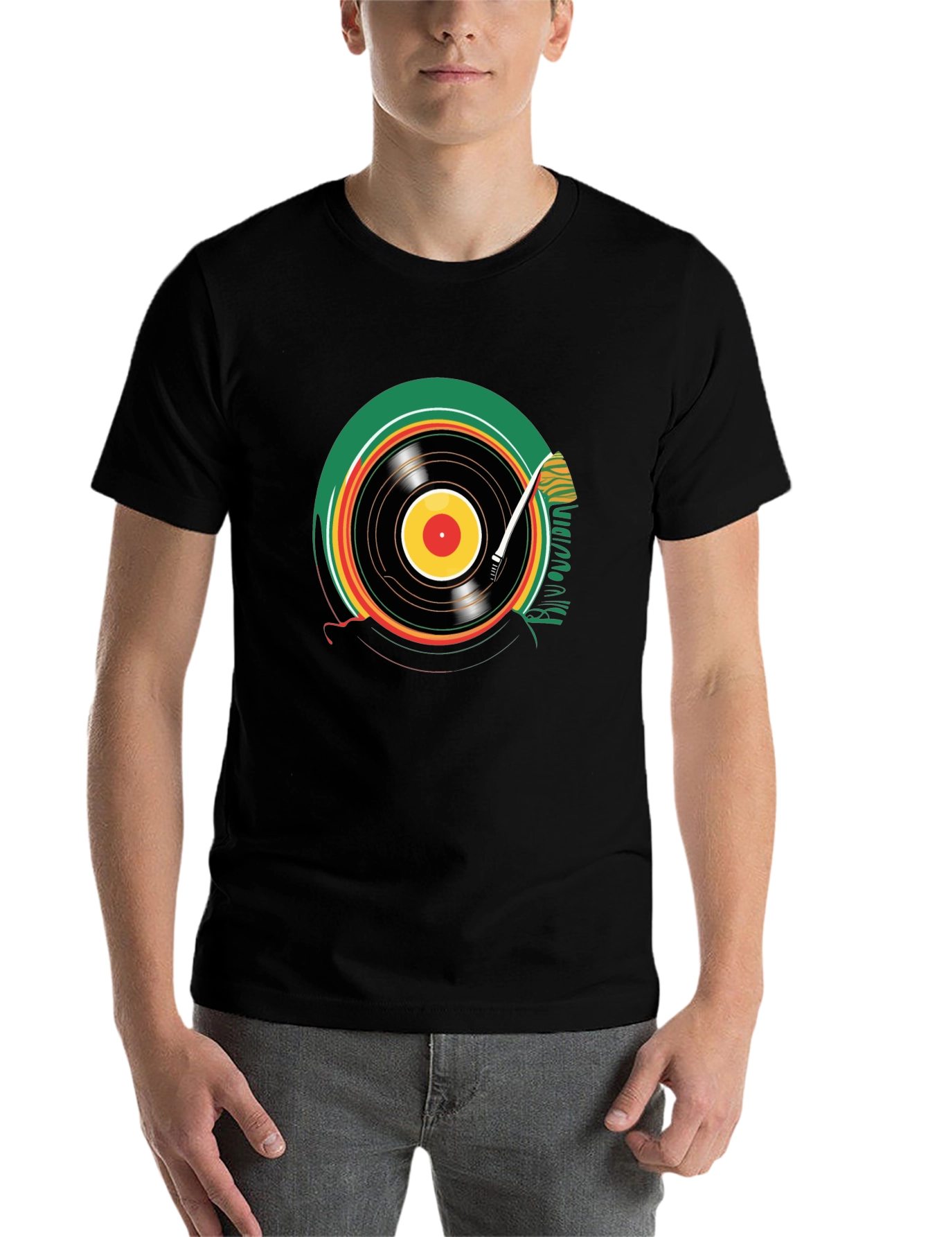 Black Vinyl Record Graphic T-Shirt - Black Crew Neck Tee view 7