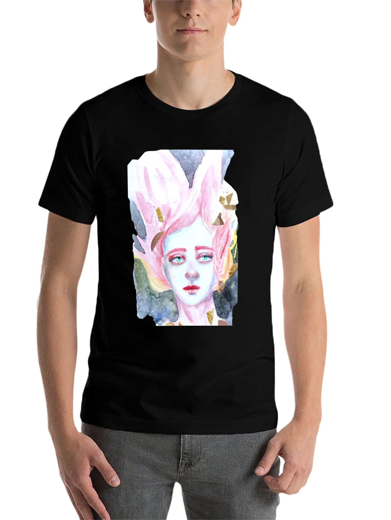 Black Watercolor Portrait Graphic T-Shirt view 7