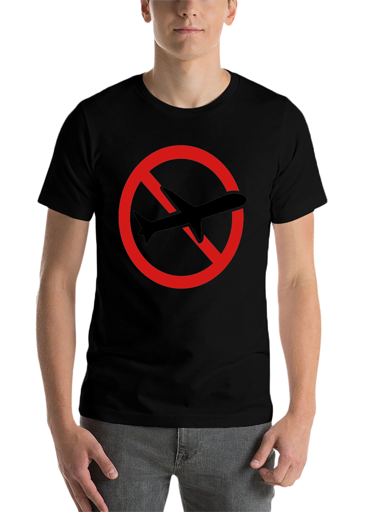 Black No Flying T-Shirt - Black Cotton Tee with Airplane Graphic view 7