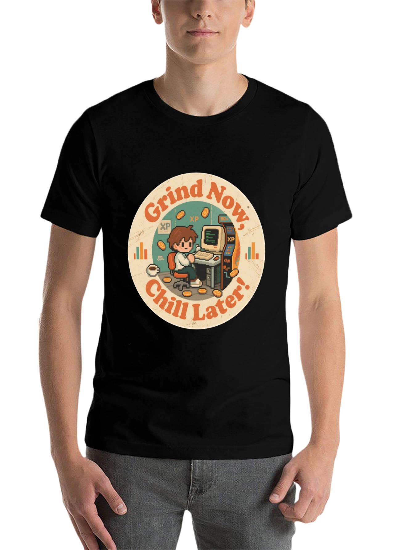Black Grind Now, Chill Later T-Shirt - Gamer Style view 7