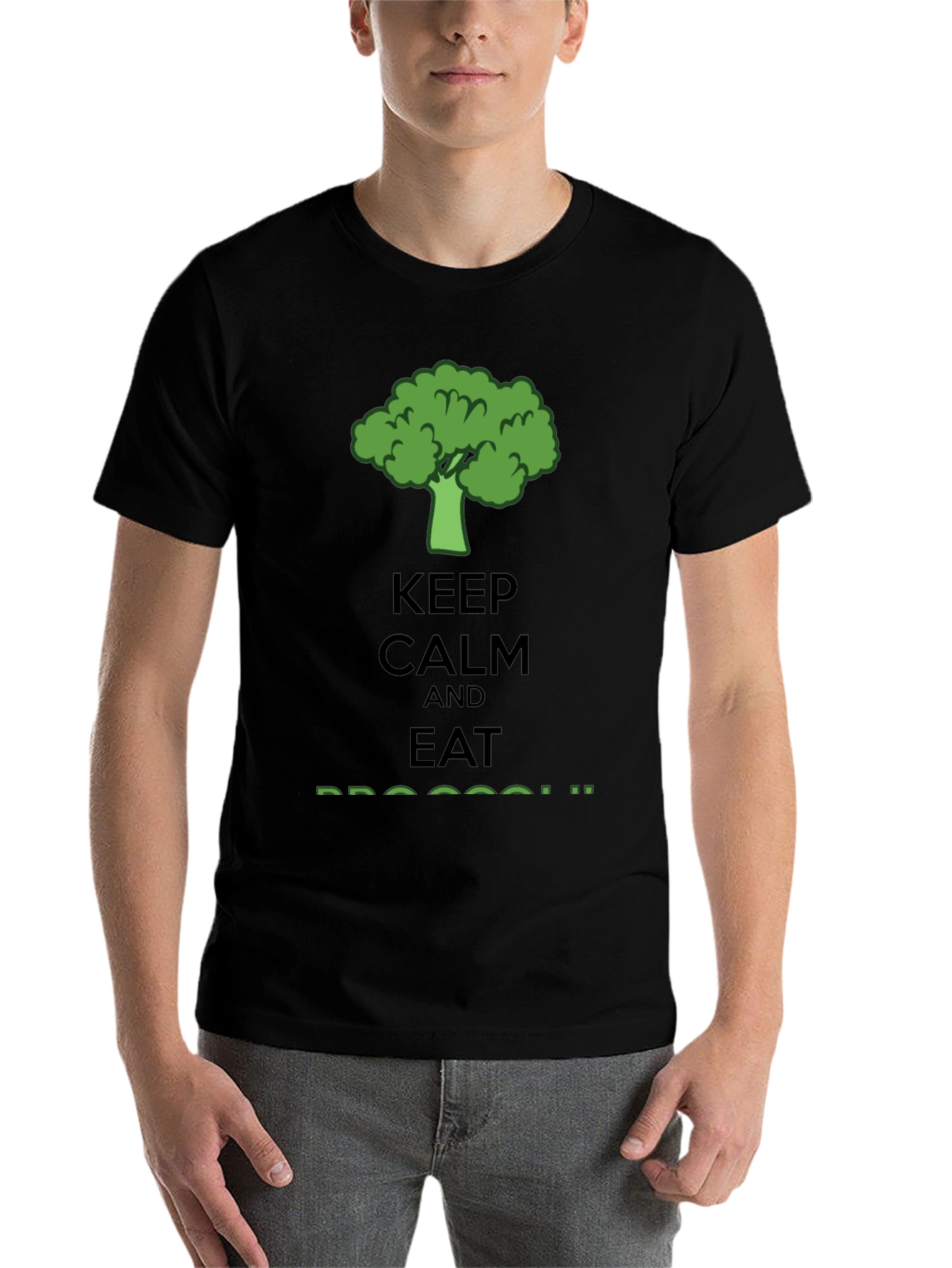 Black Keep Calm Eat Broccoli T-Shirt - Funny Vegan Tee view 7