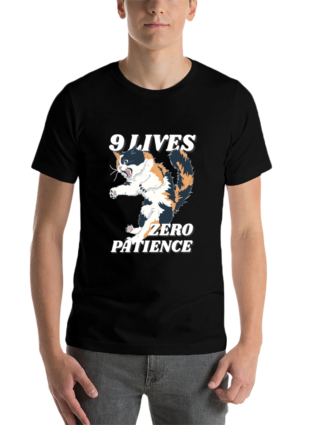 Black 9 Lives Zero Patience Cat Graphic Tee view 7