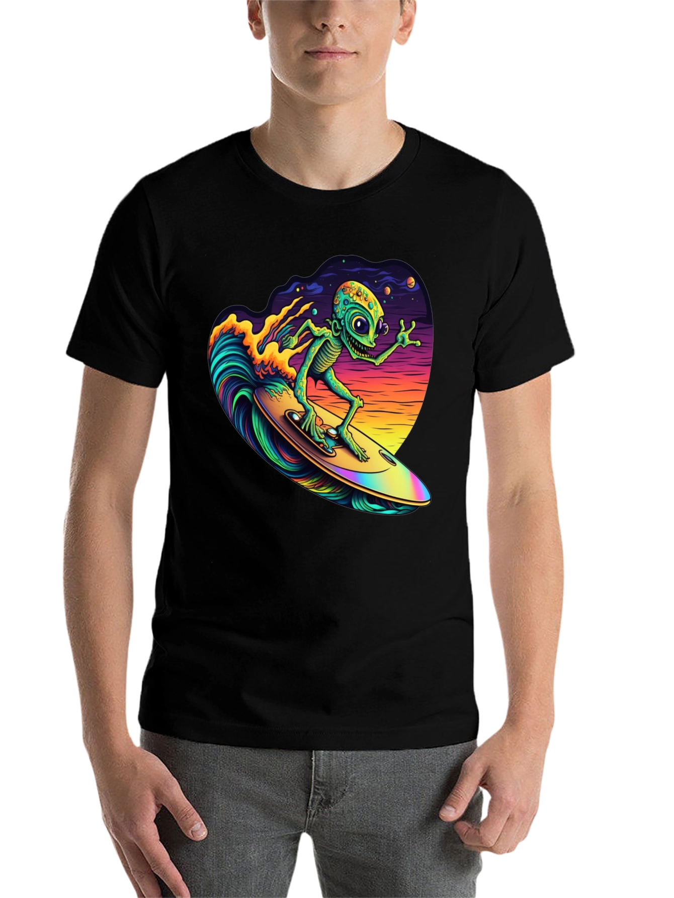 Black Surfing Alien T-Shirt - Black Cotton Tee view 7