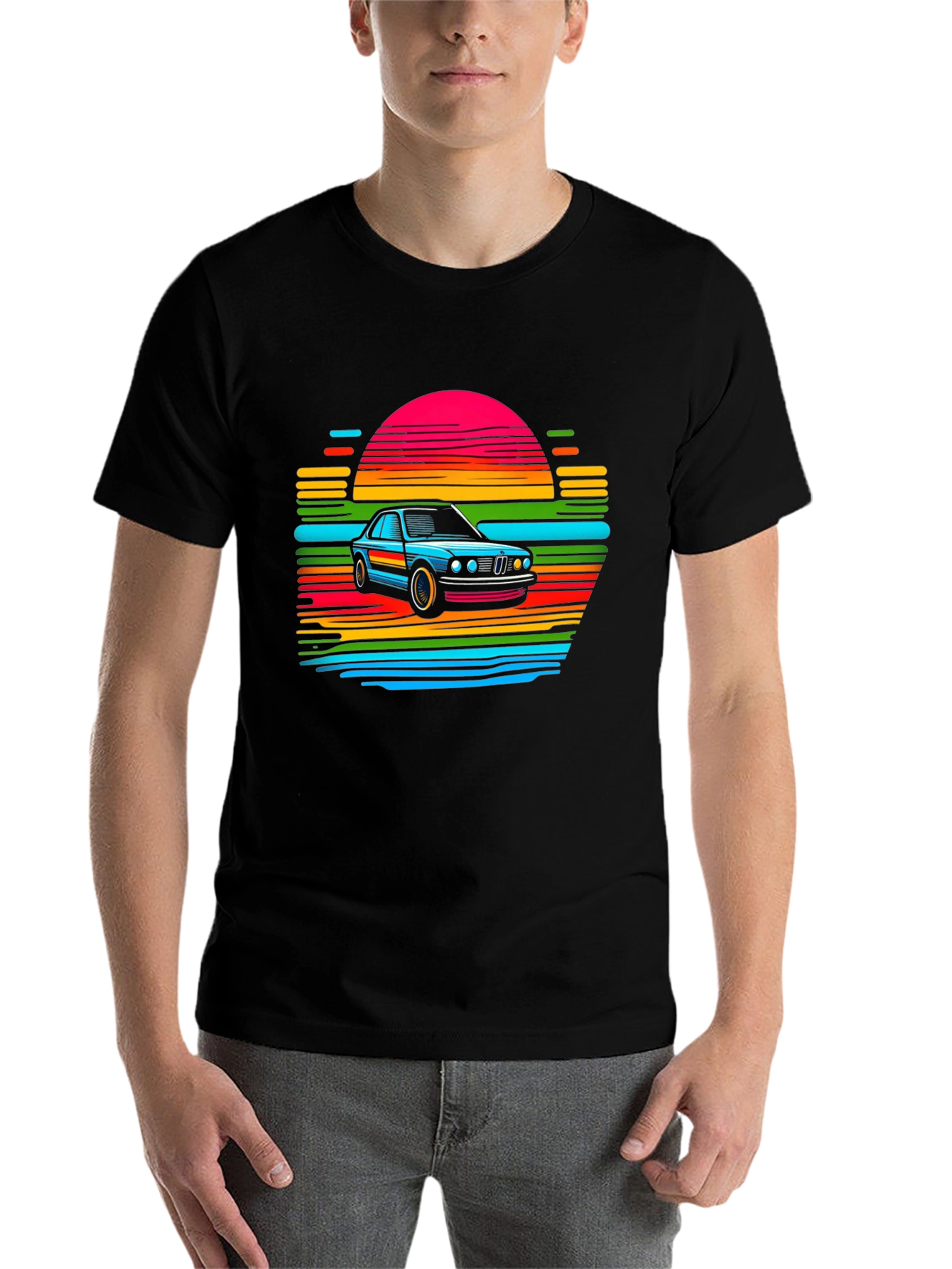 Black Retro Car Sunset T-Shirt - Black view 7